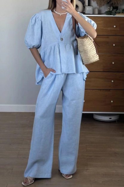 Puff Sleeve V Neck Cotton Sweet Shirt Set