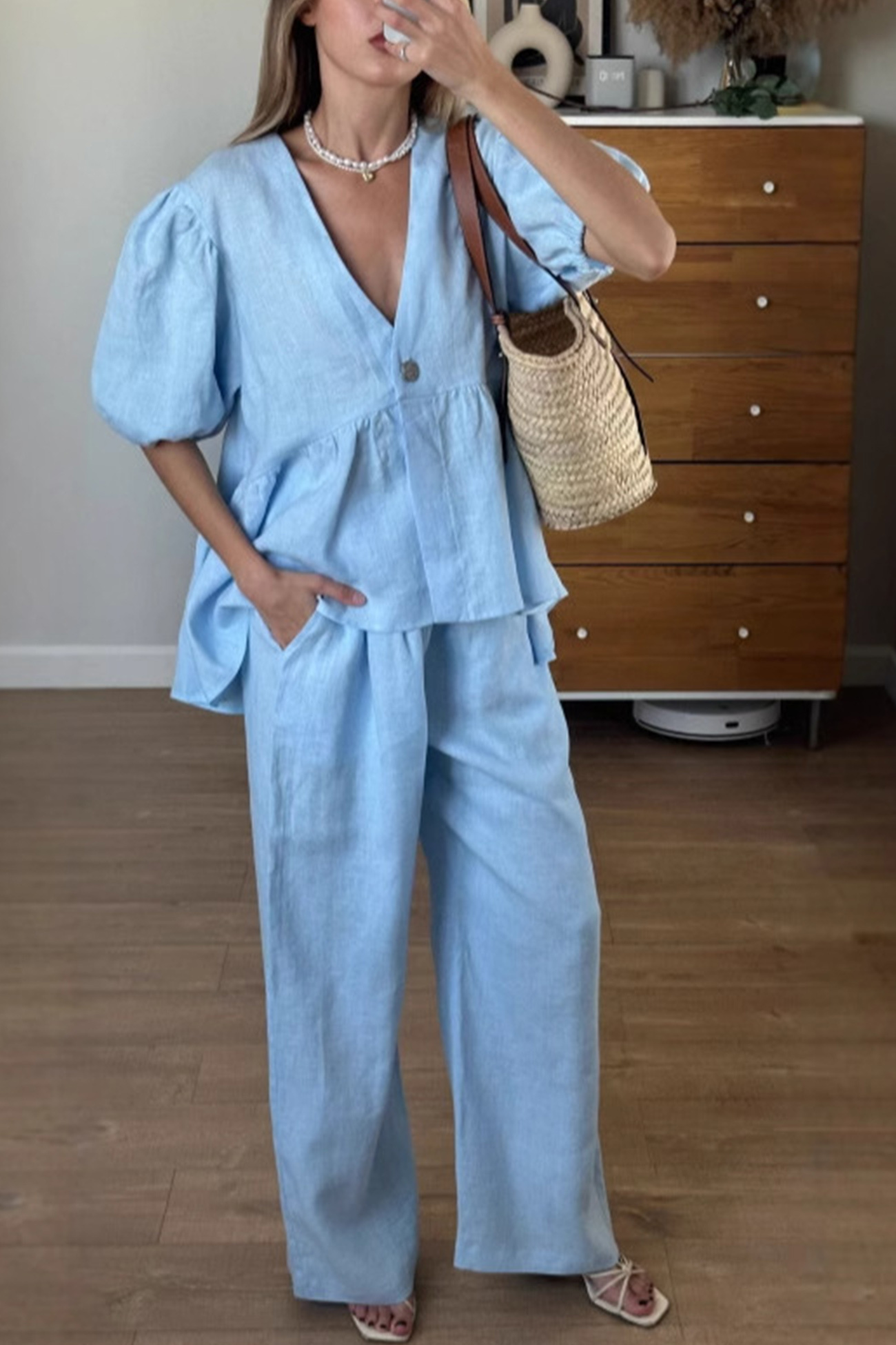 Puff Sleeve V Neck Cotton Sweet Shirt Set