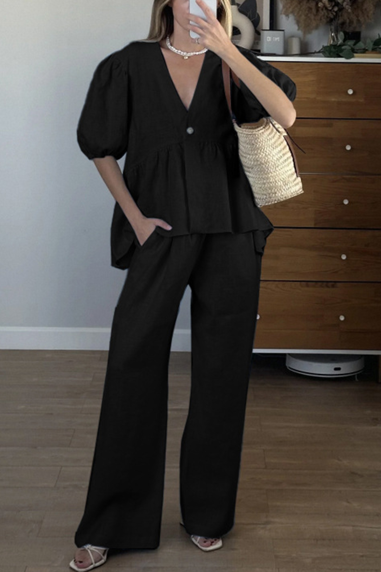 Puff Sleeve V Neck Cotton Sweet Shirt Set
