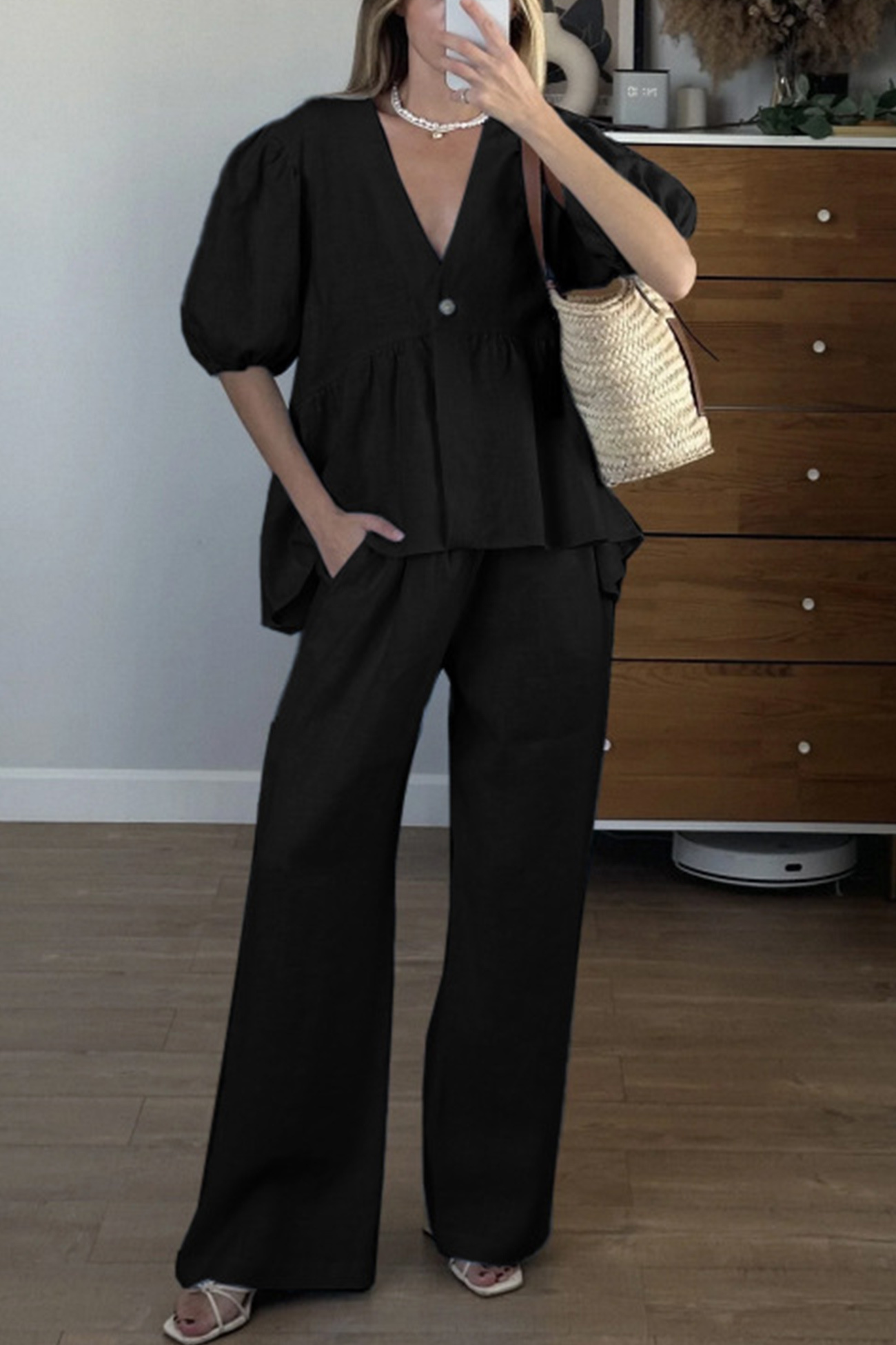 Puff Sleeve V Neck Cotton Sweet Shirt Set