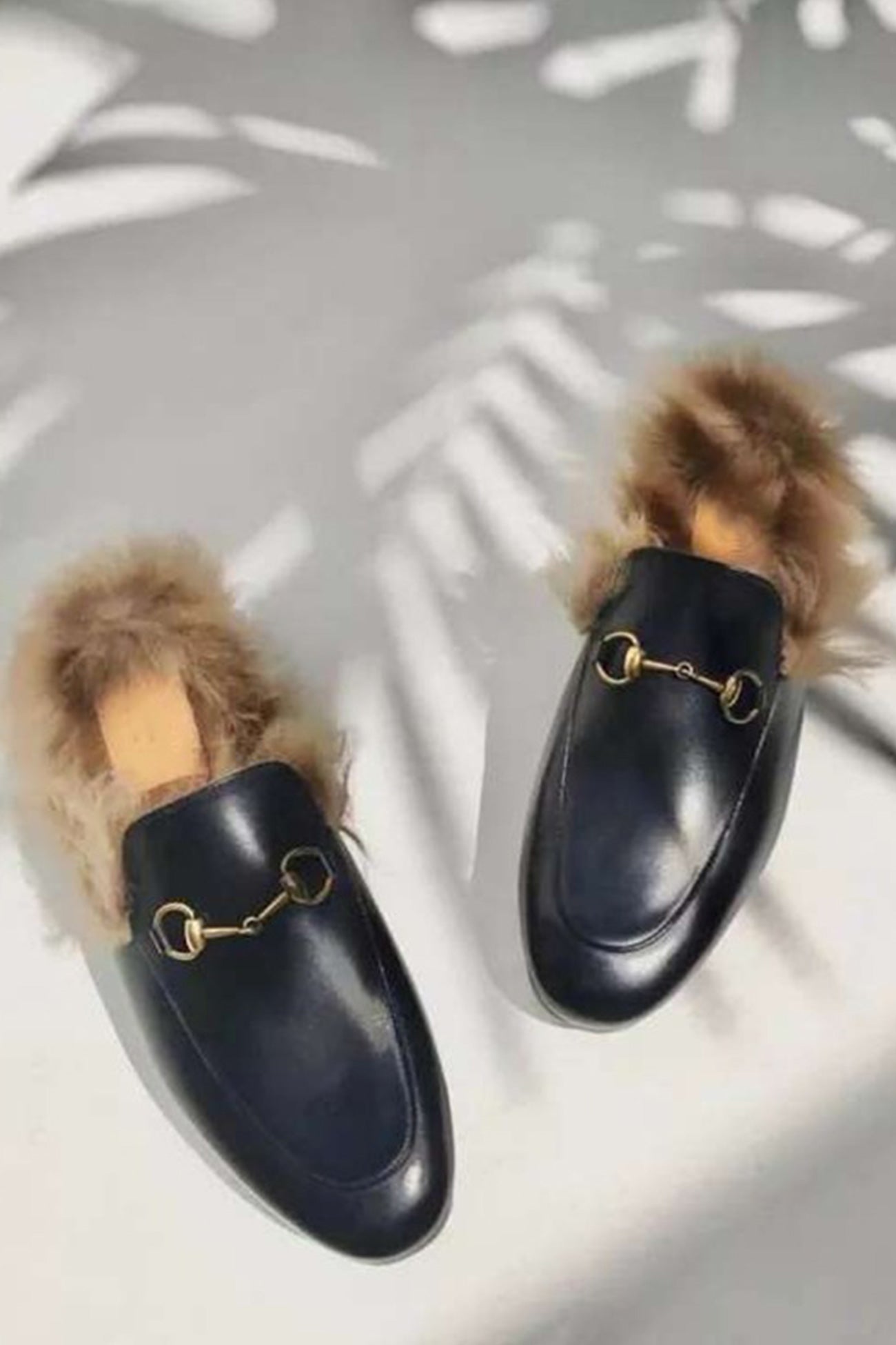 Rabbit Fur Lined Leather Loafer Mules Black 8