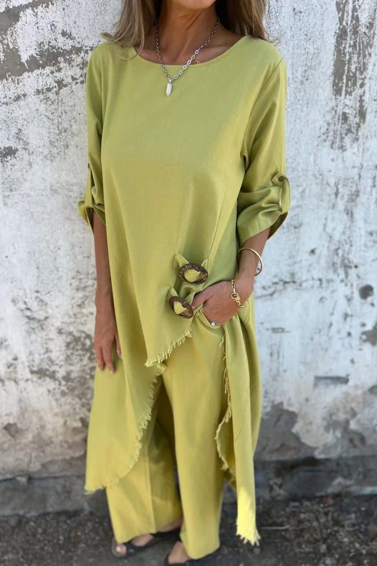 Raw Edge Long Tops Two-piece Pants Set
