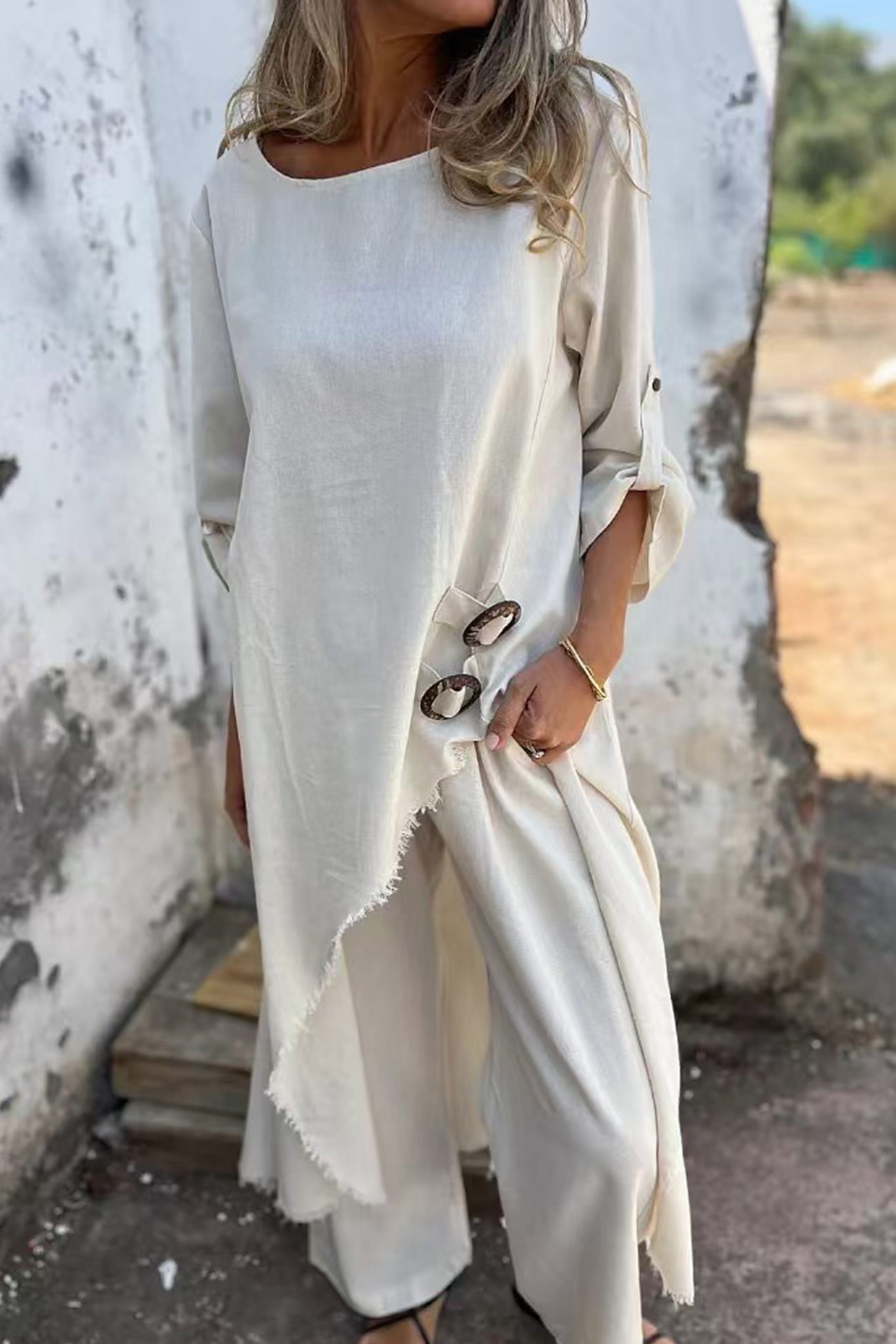 Raw Edge Long Tops Two-piece Pants Set