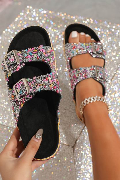 Rhinestone Double-buckle Thick Sandals