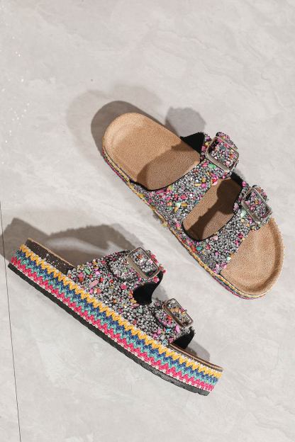 Rhinestone Double-buckle Thick Sandals