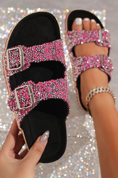 Rhinestone Double-buckle Thick Sandals