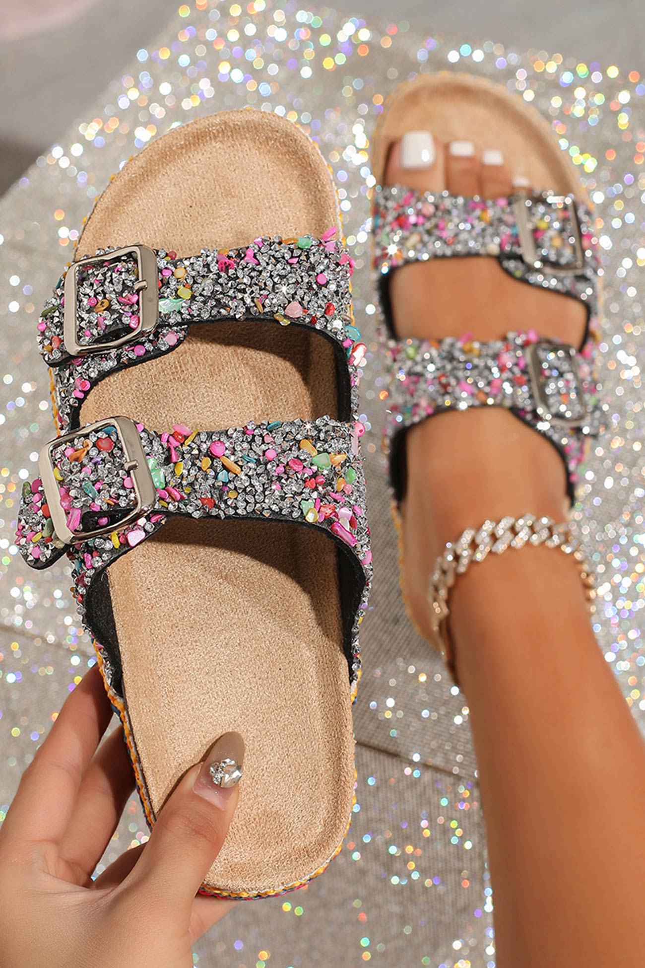 Rhinestone Double-buckle Thick Sandals