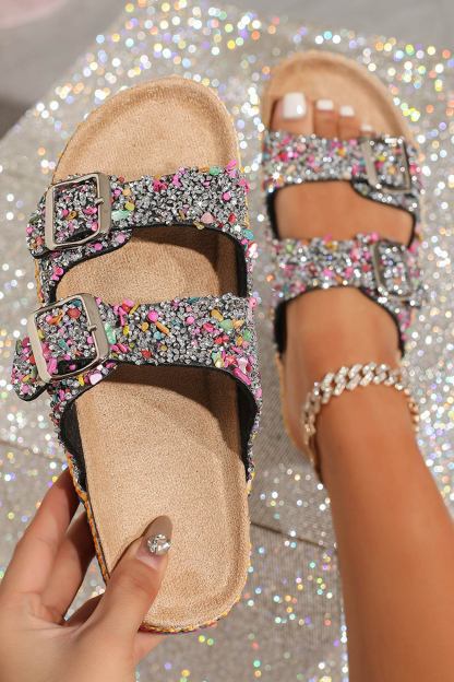 Rhinestone Double-buckle Thick Sandals