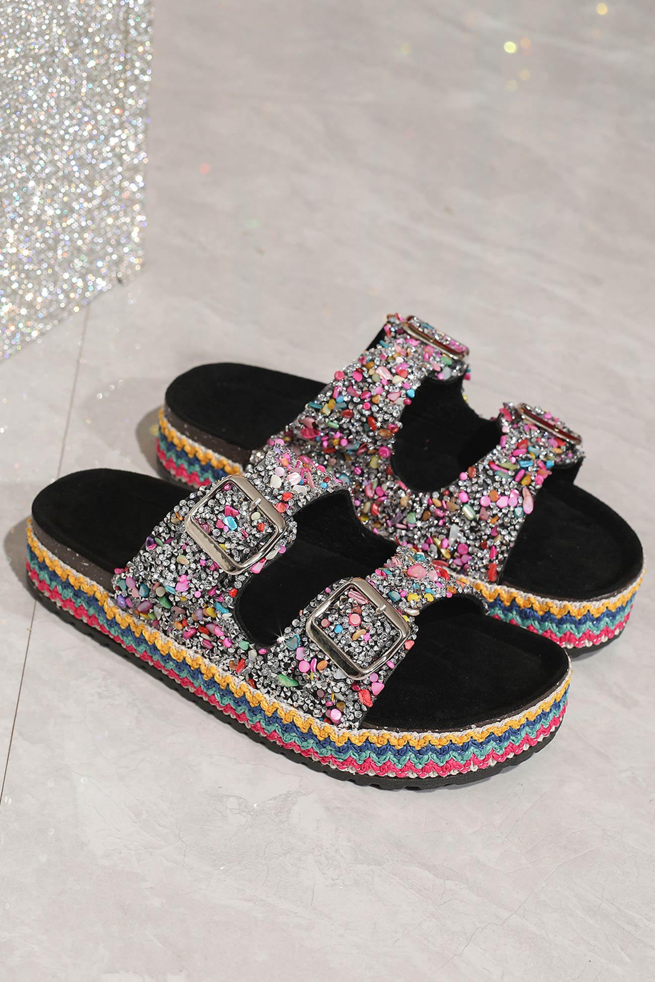 Rhinestone Double-buckle Thick Sandals