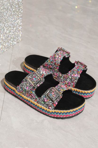 Rhinestone Double-buckle Thick Sandals