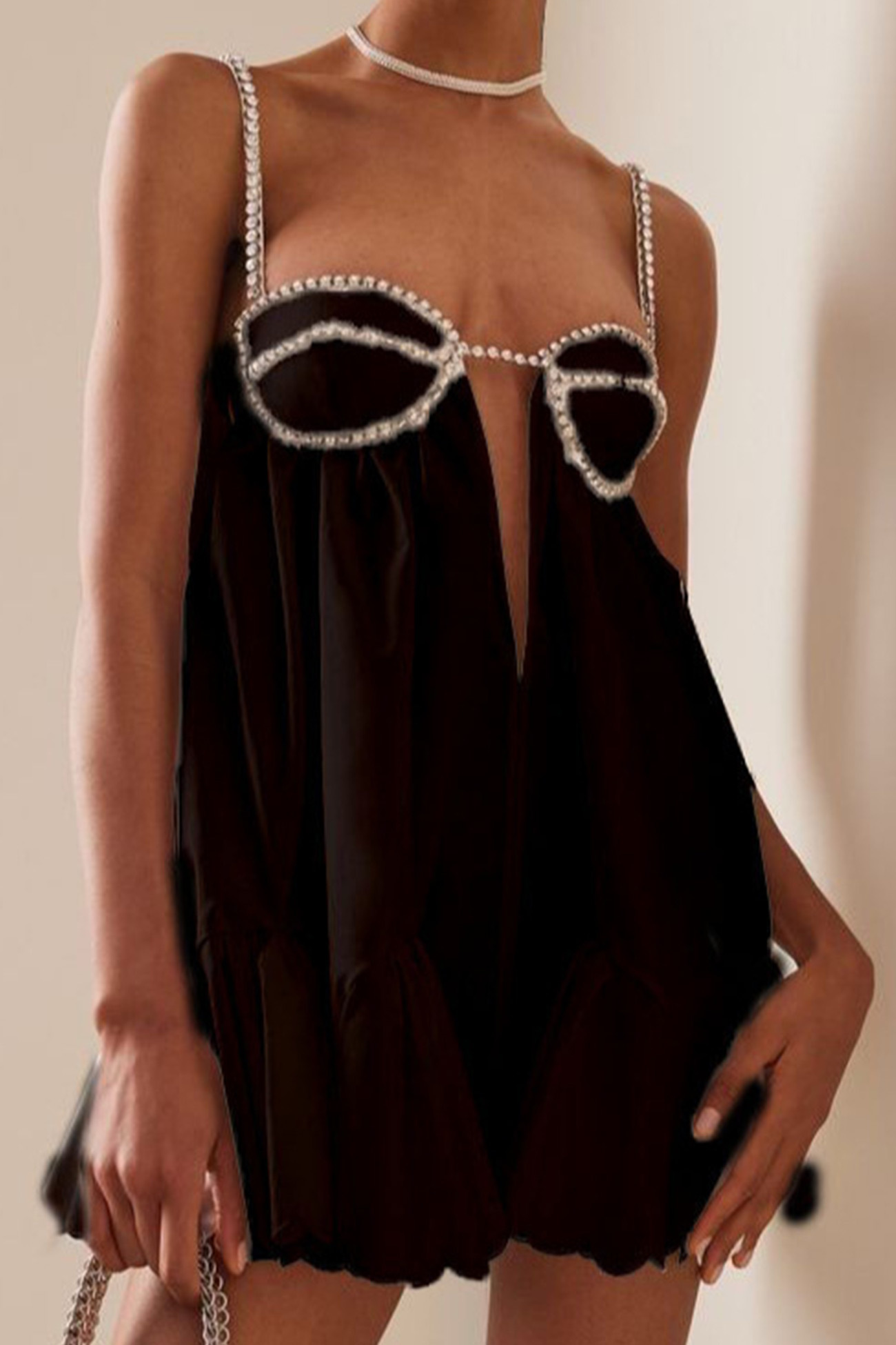 Rhinestone Straps Low Cut Ruched Mini Dress