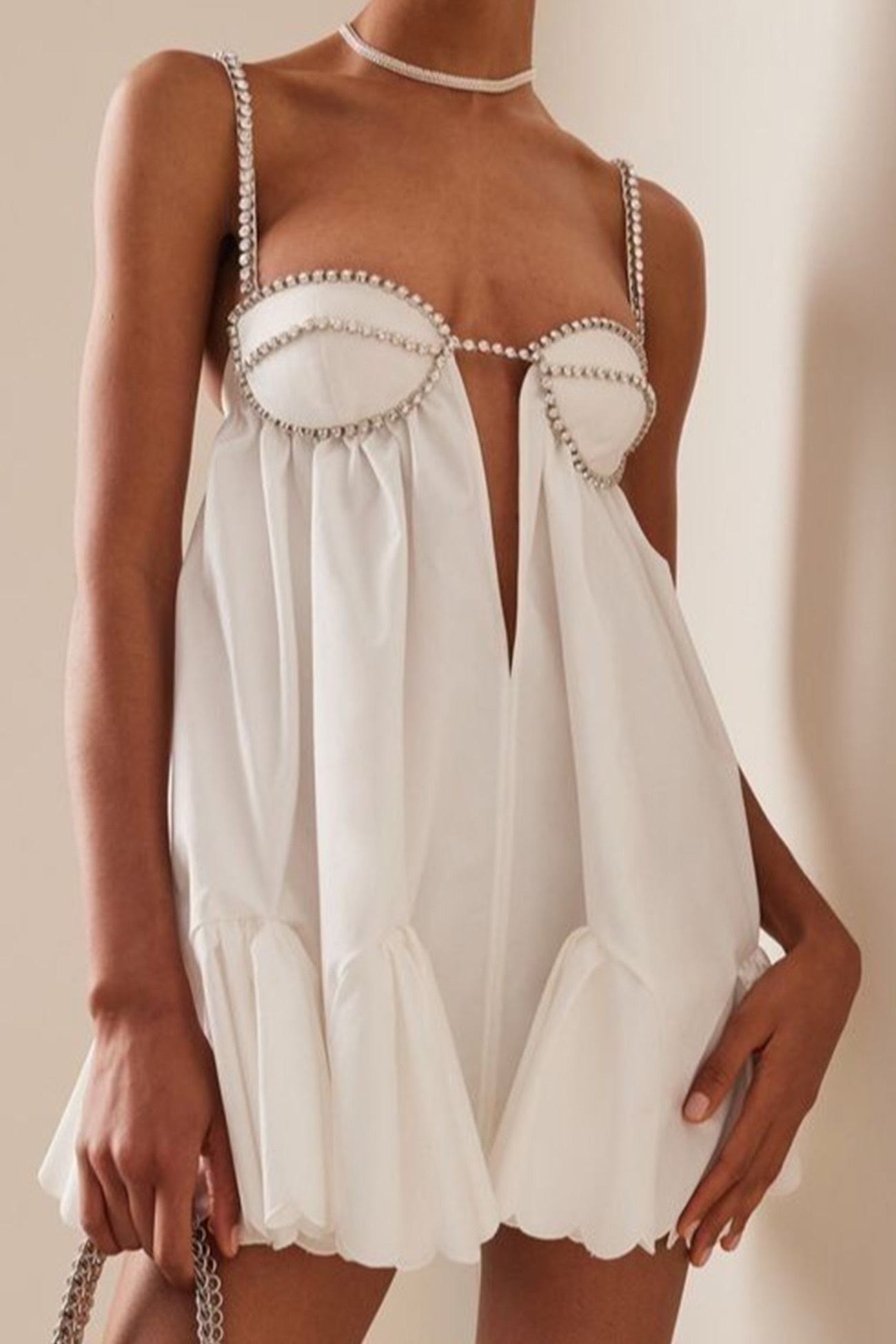Rhinestone Straps Low Cut Ruched Mini Dress