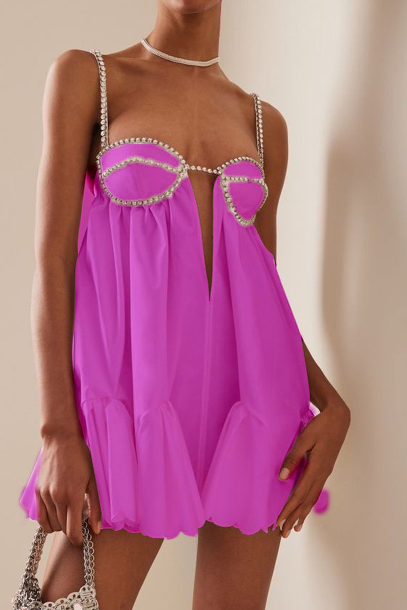 Rhinestone Straps Low Cut Ruched Mini Dress