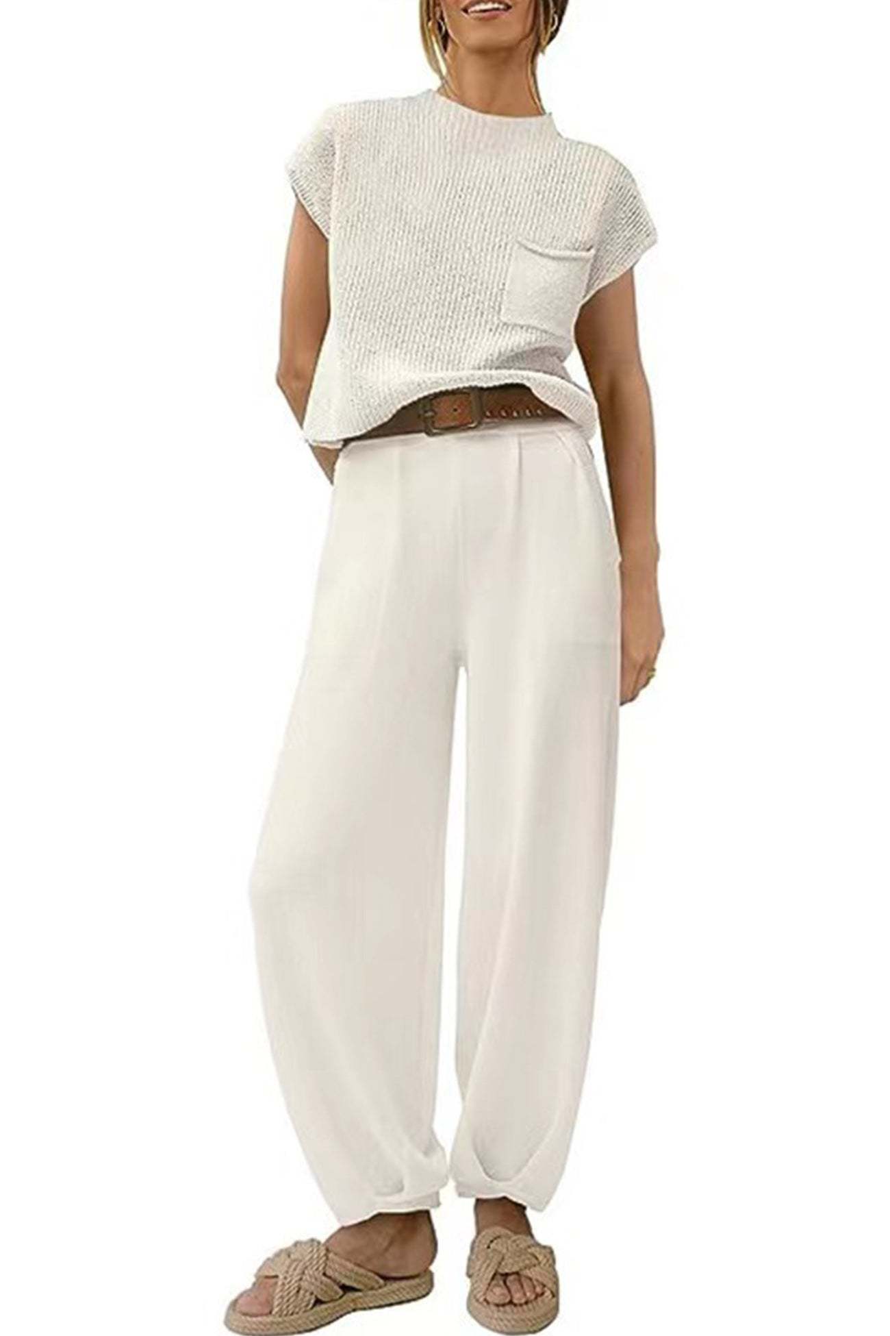Ribbed Mock Neck T-shirt Pants Suits
