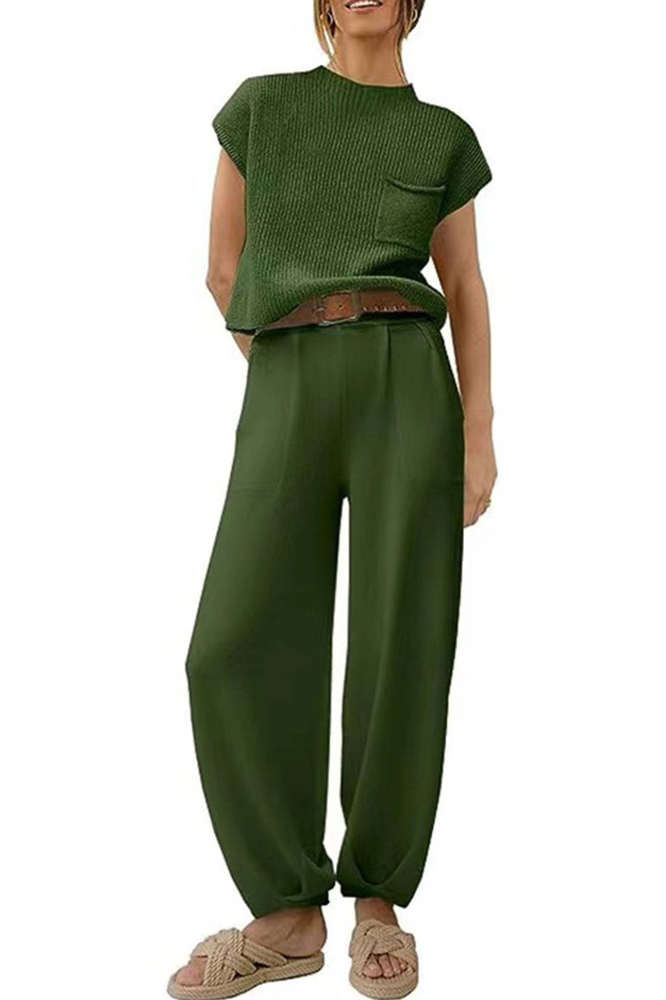 Ribbed Mock Neck T-shirt Pants Suits