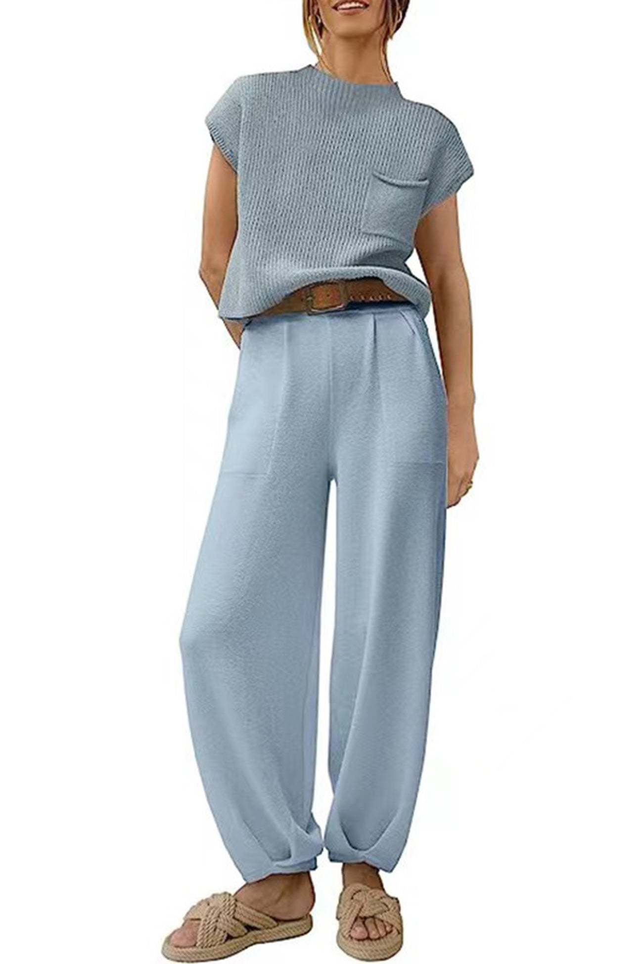 Ribbed Mock Neck T-shirt Pants Suits