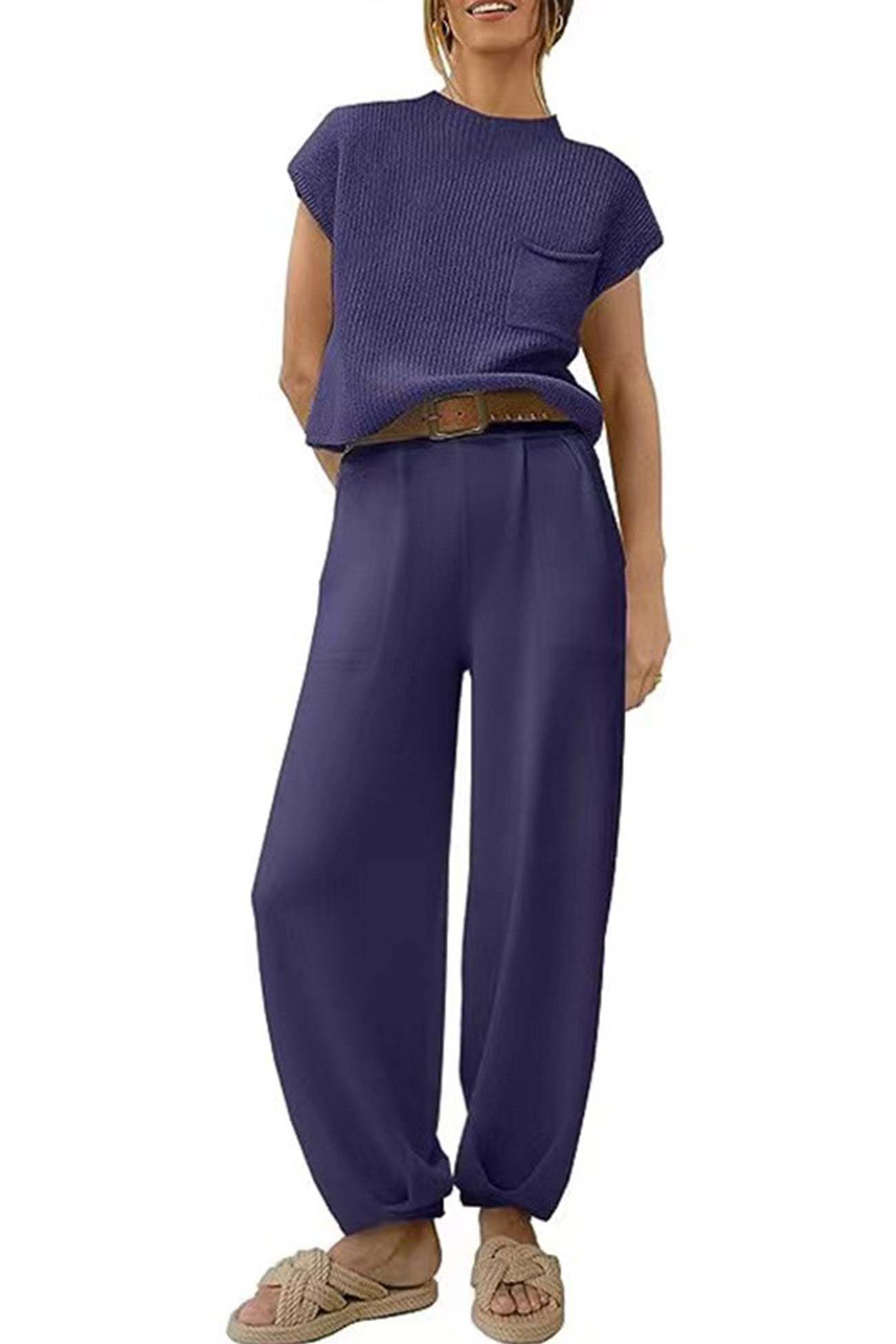 Ribbed Mock Neck T-shirt Pants Suits