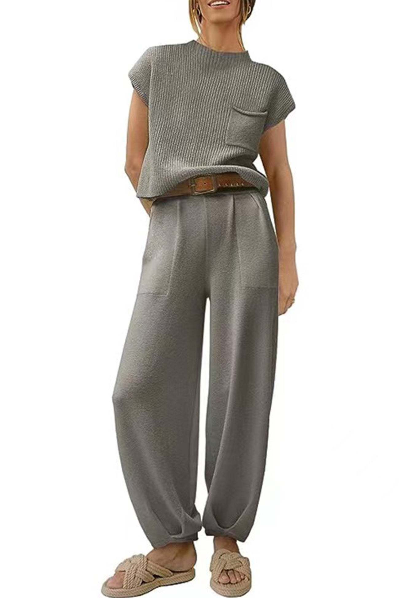 Ribbed Mock Neck T-shirt Pants Suits