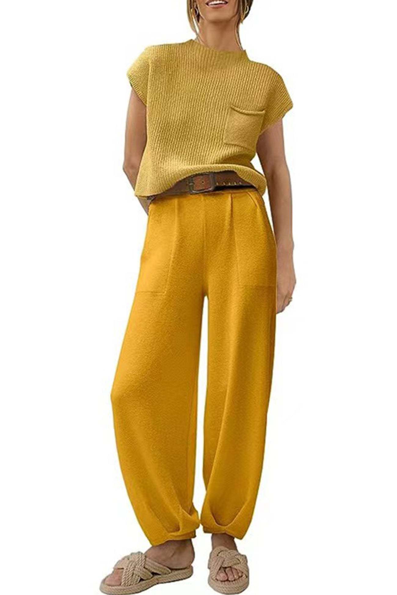 Ribbed Mock Neck T-shirt Pants Suits