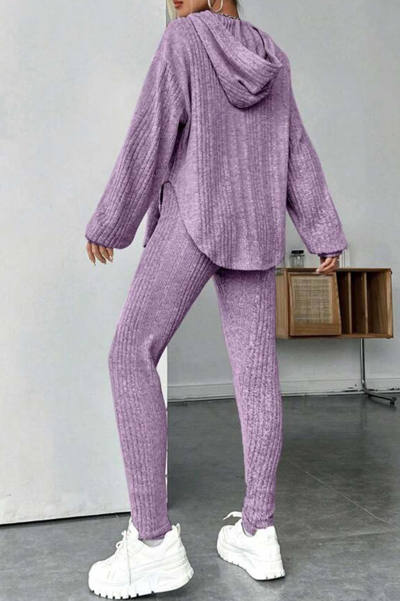 Ribbed Slit Curved Hem Hoodie Legging Set