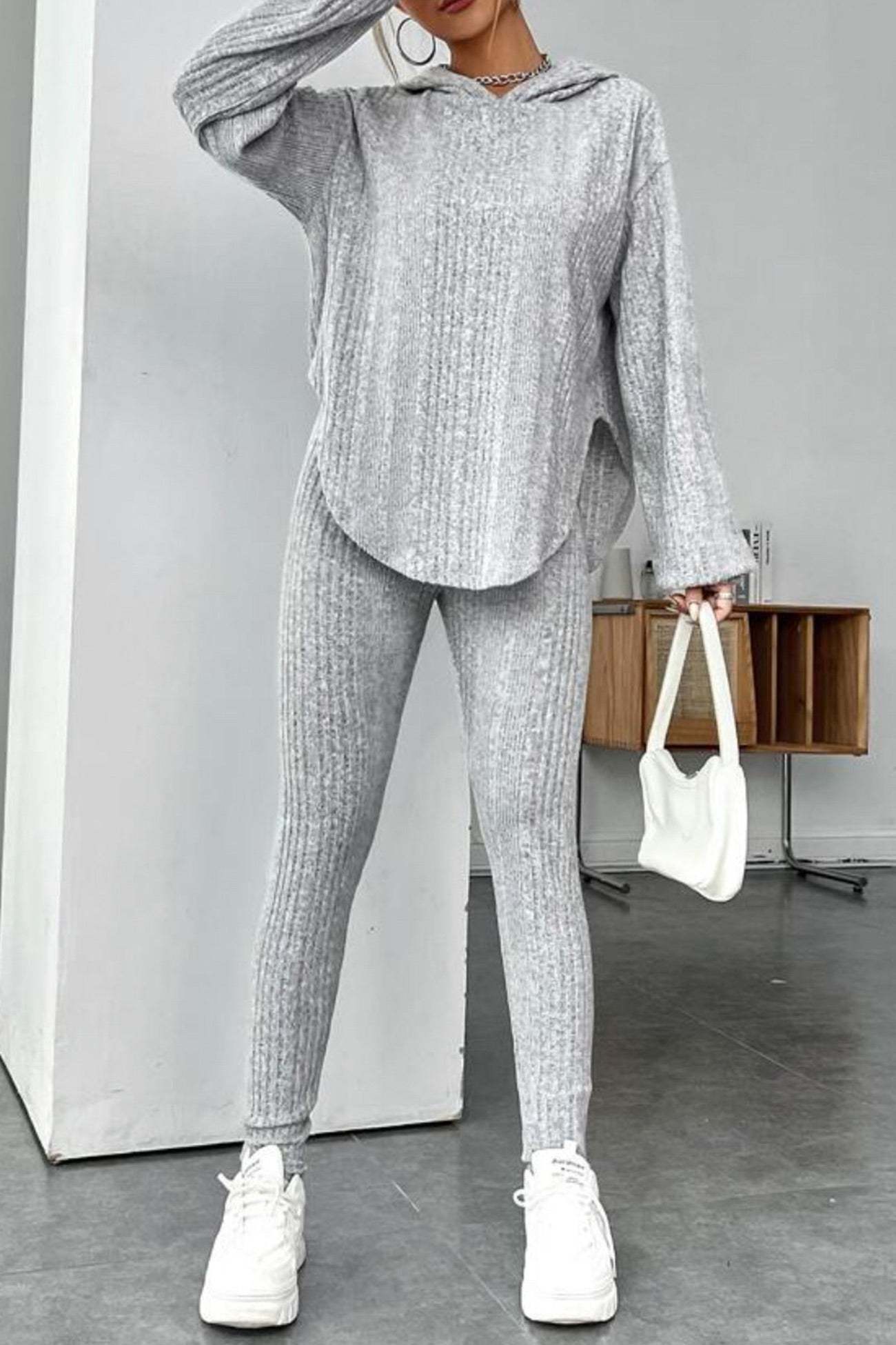 Ribbed Slit Curved Hem Hoodie Legging Set