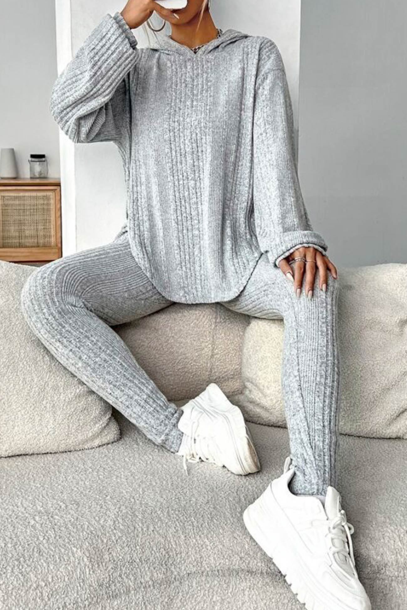 Ribbed Slit Curved Hem Hoodie Legging Set