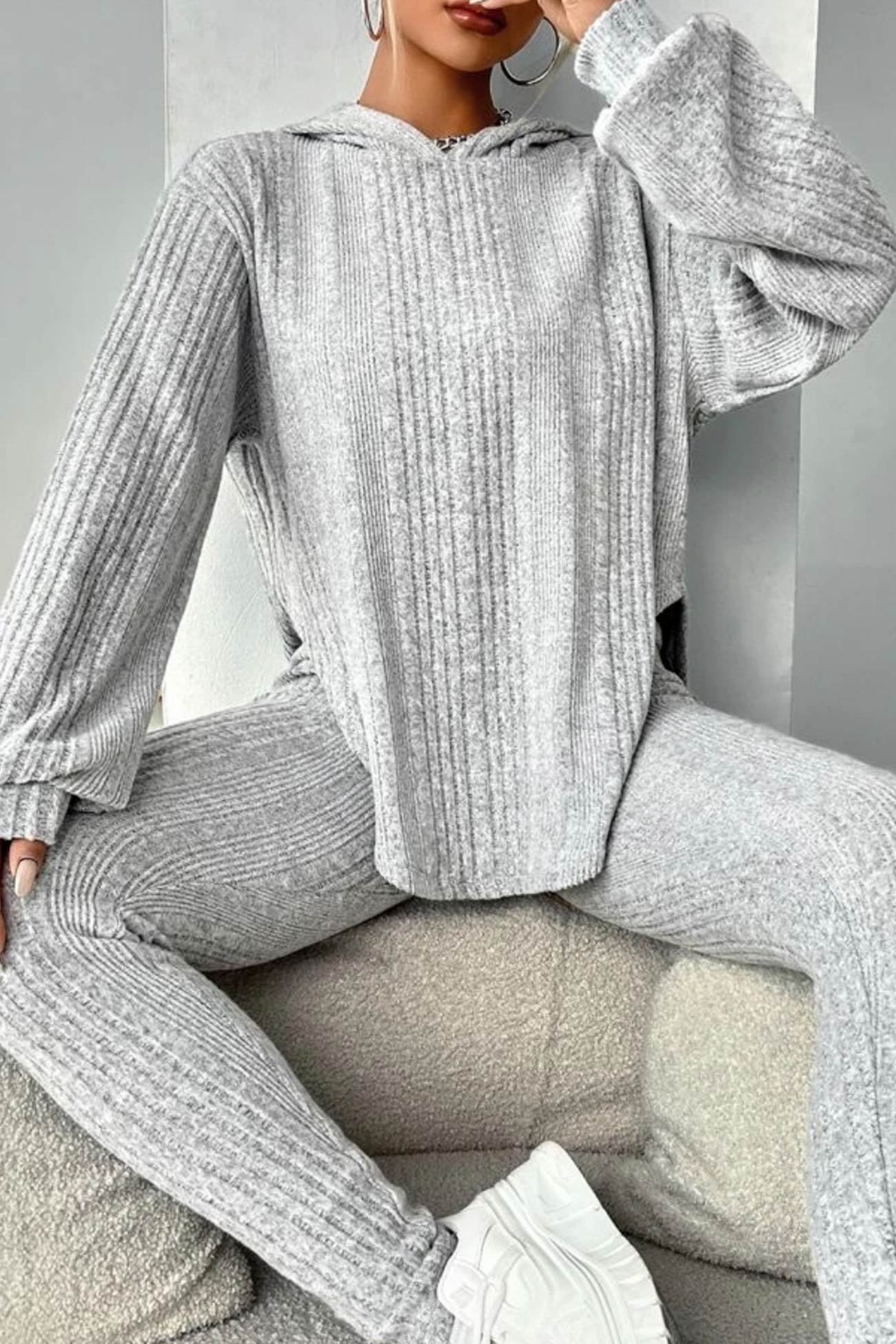 Ribbed Slit Curved Hem Hoodie Legging Set