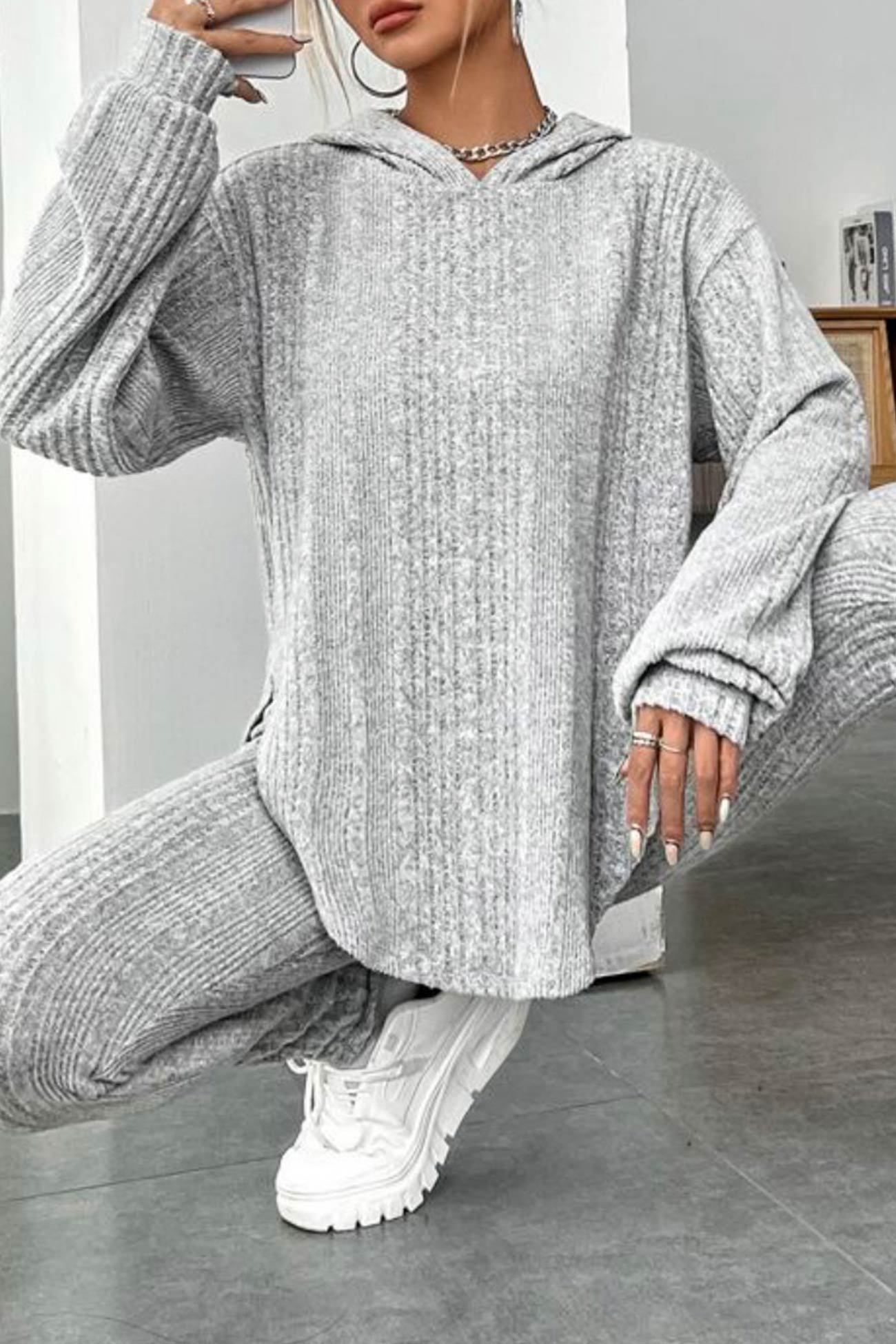 Ribbed Slit Curved Hem Hoodie Legging Set