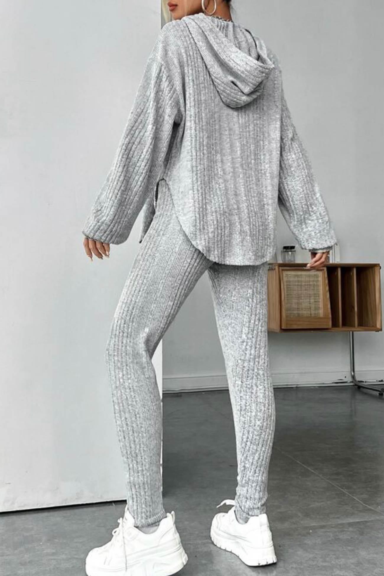 Ribbed Slit Curved Hem Hoodie Legging Set