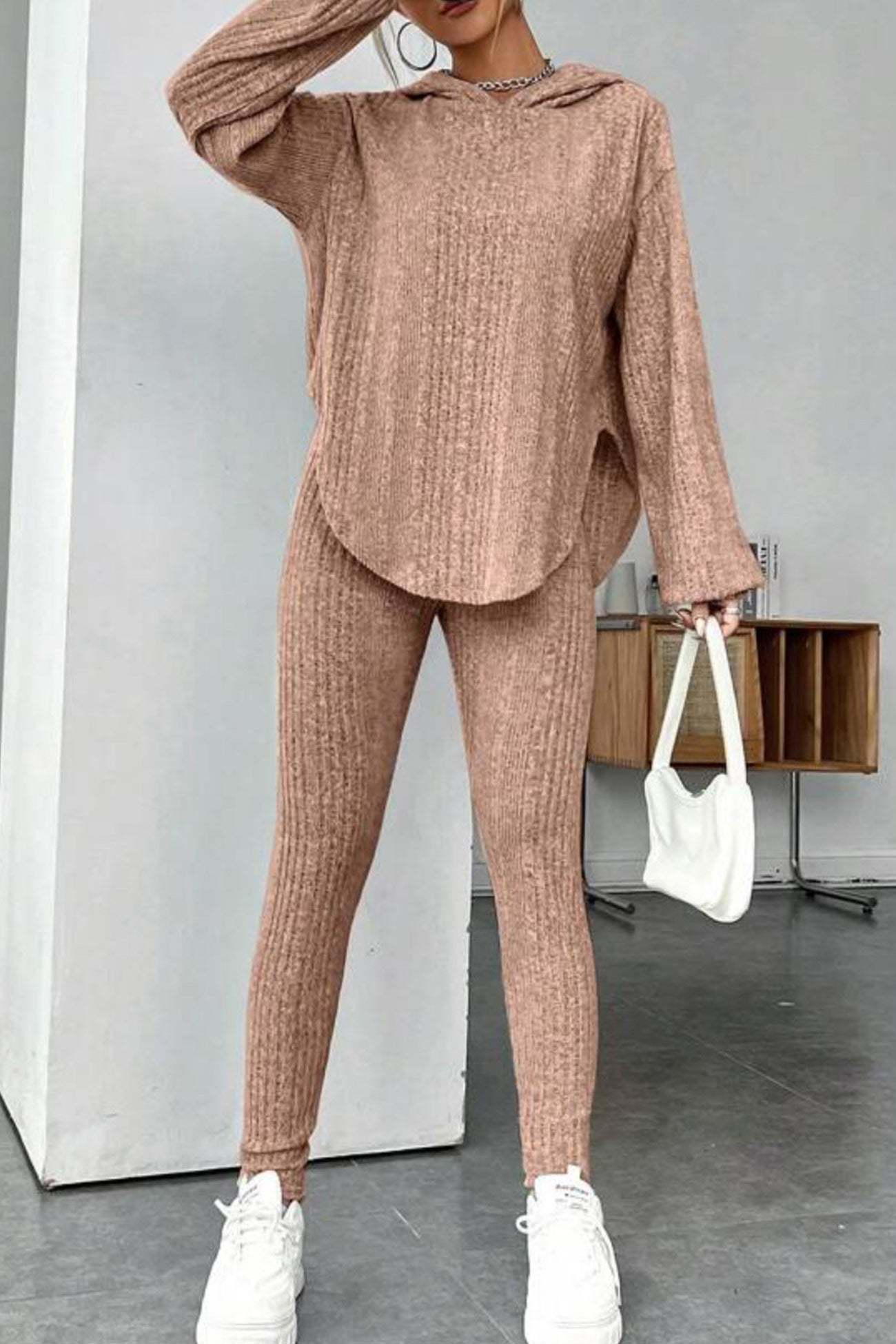 Ribbed Slit Curved Hem Hoodie Legging Set
