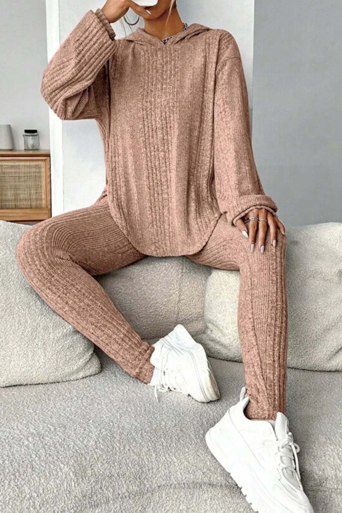 Ribbed Slit Curved Hem Hoodie Legging Set
