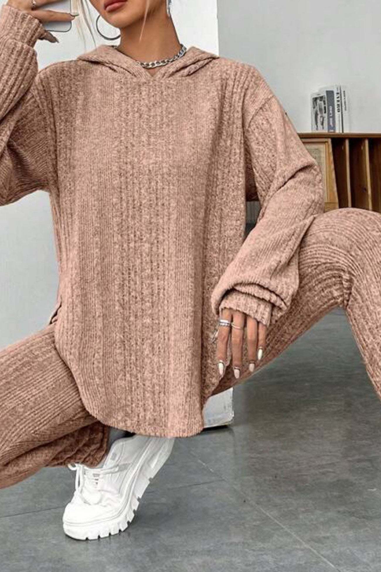 Ribbed Slit Curved Hem Hoodie Legging Set
