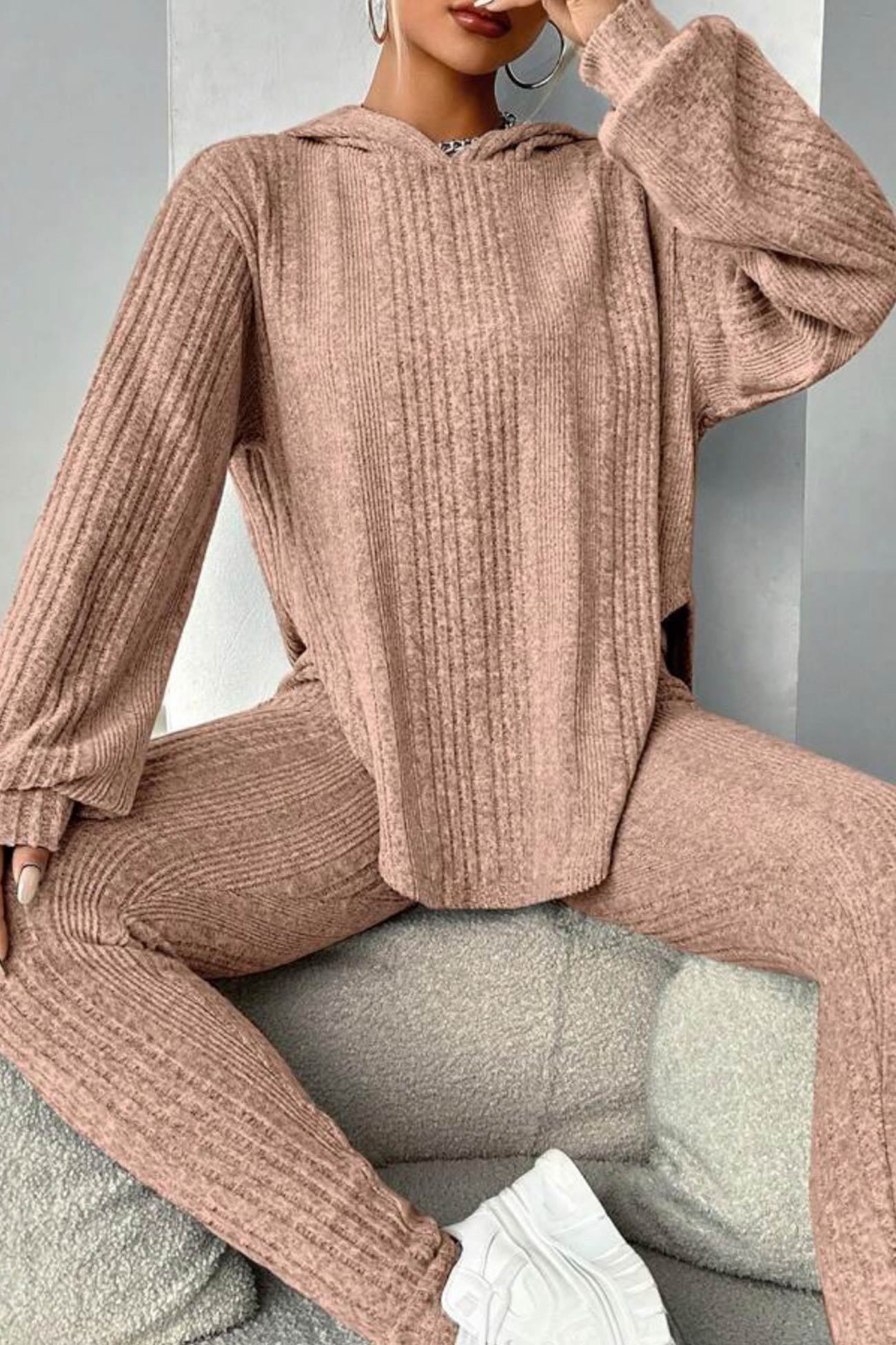 Ribbed Slit Curved Hem Hoodie Legging Set