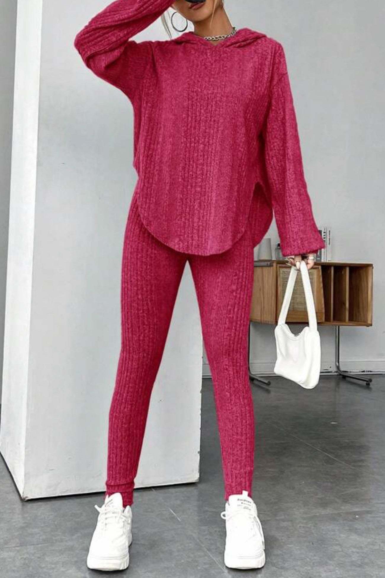 Ribbed Slit Curved Hem Hoodie Legging Set