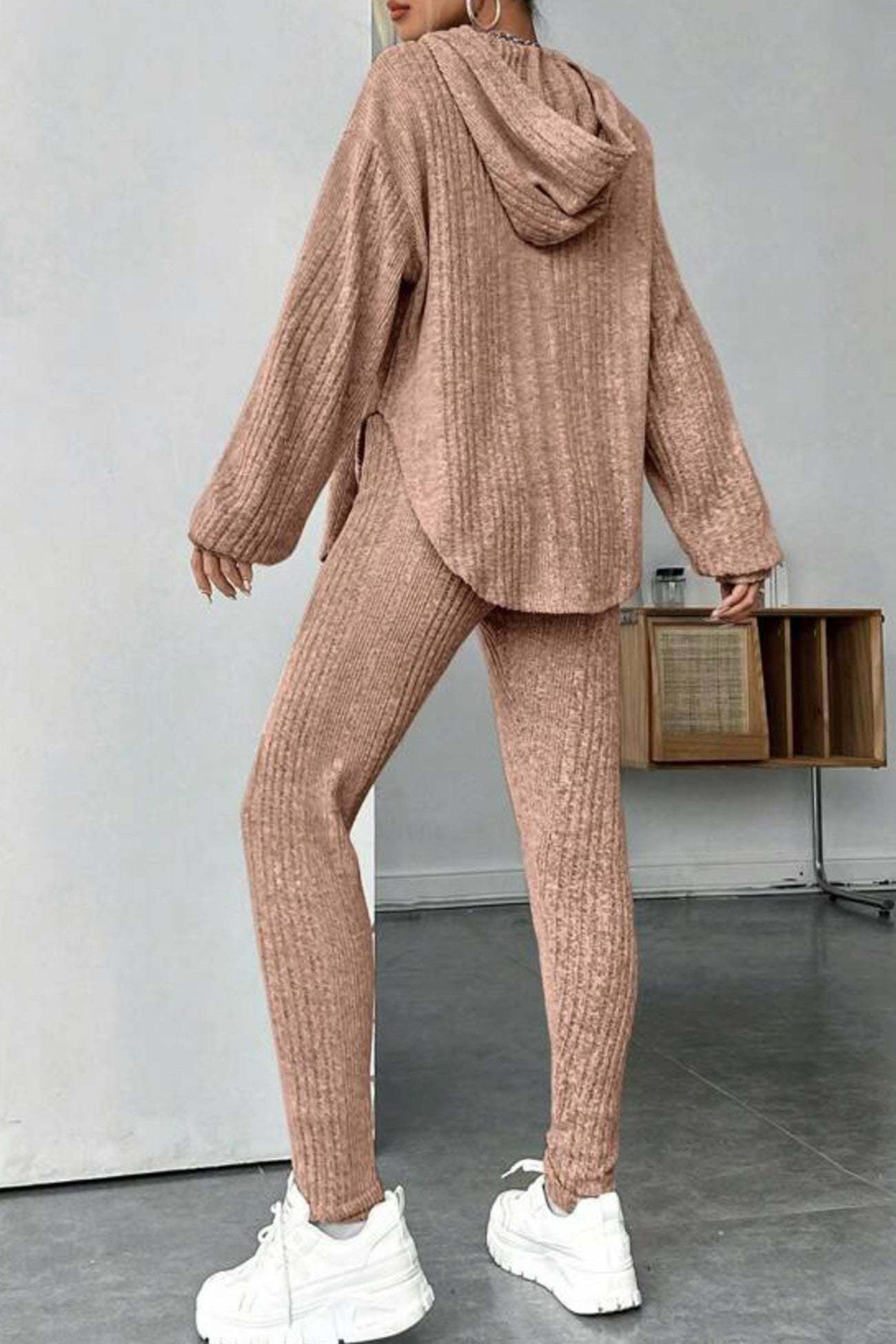 Ribbed Slit Curved Hem Hoodie Legging Set