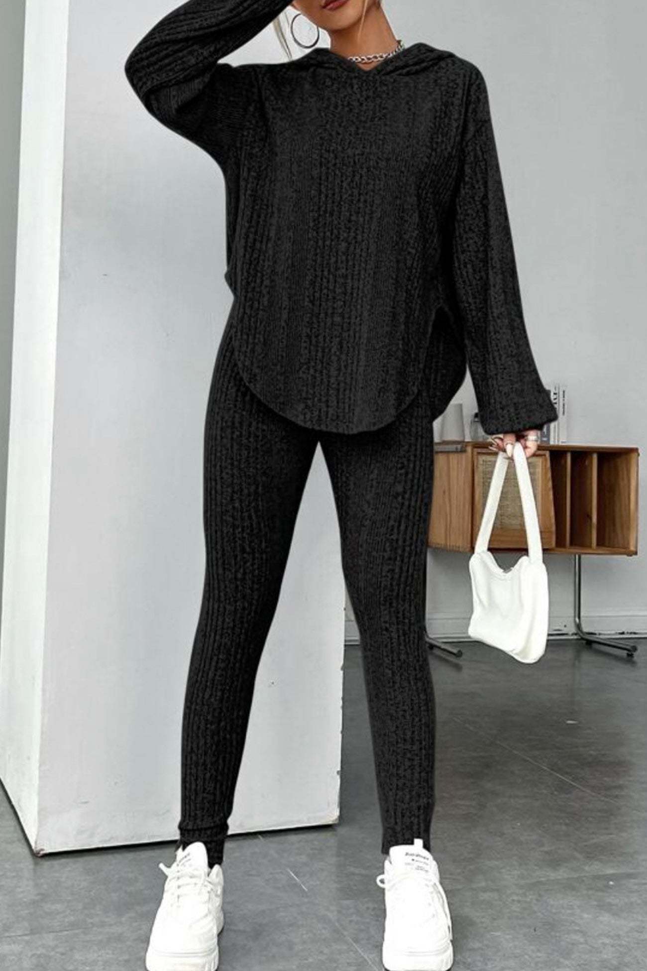 Ribbed Slit Curved Hem Hoodie Legging Set