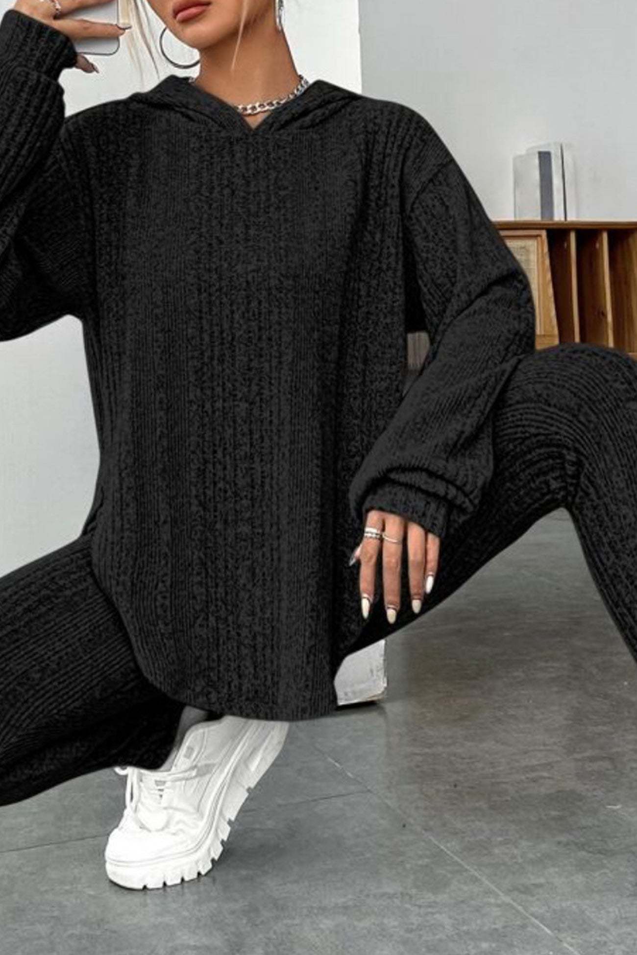 Ribbed Slit Curved Hem Hoodie Legging Set
