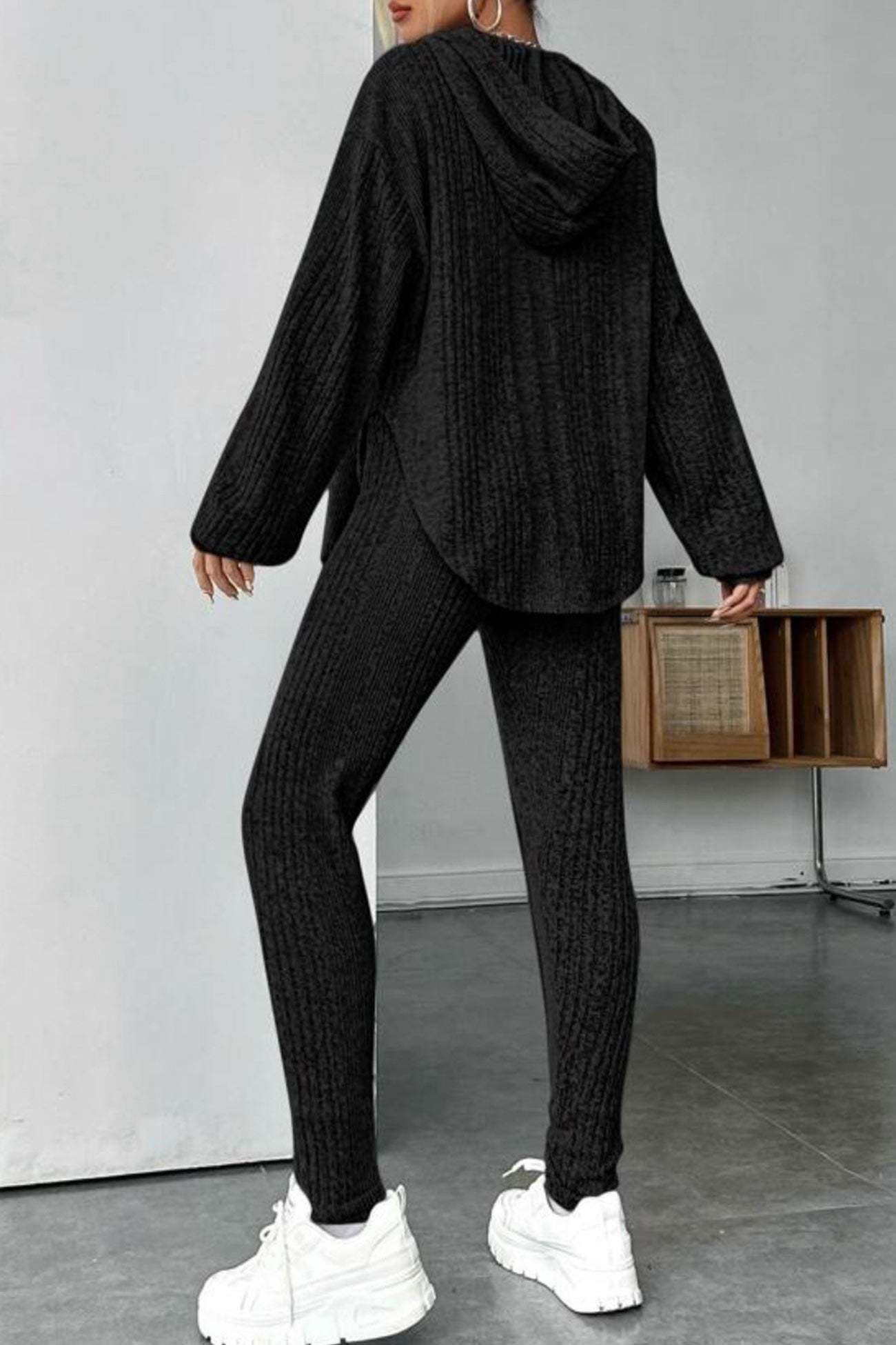 Ribbed Slit Curved Hem Hoodie Legging Set