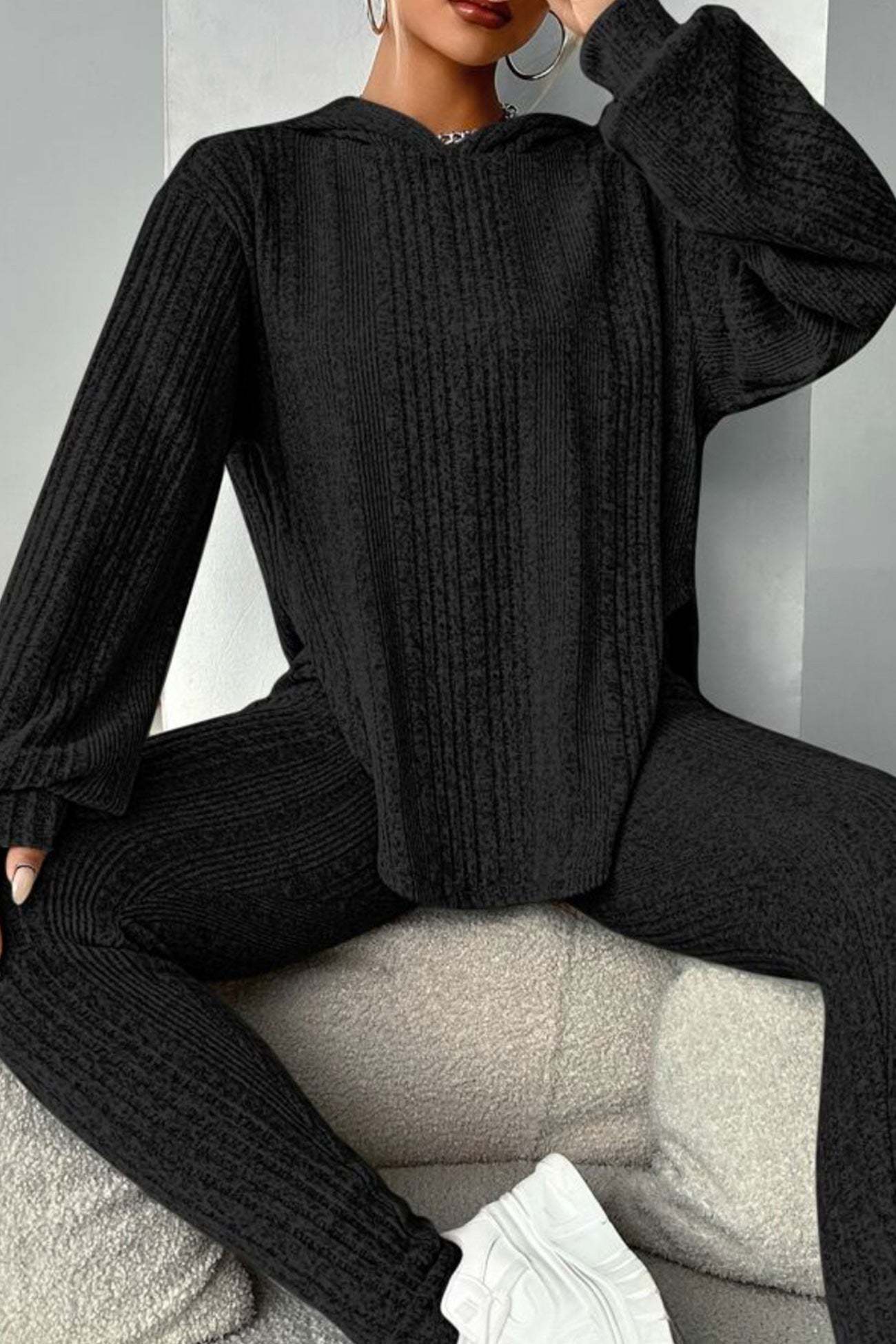 Ribbed Slit Curved Hem Hoodie Legging Set