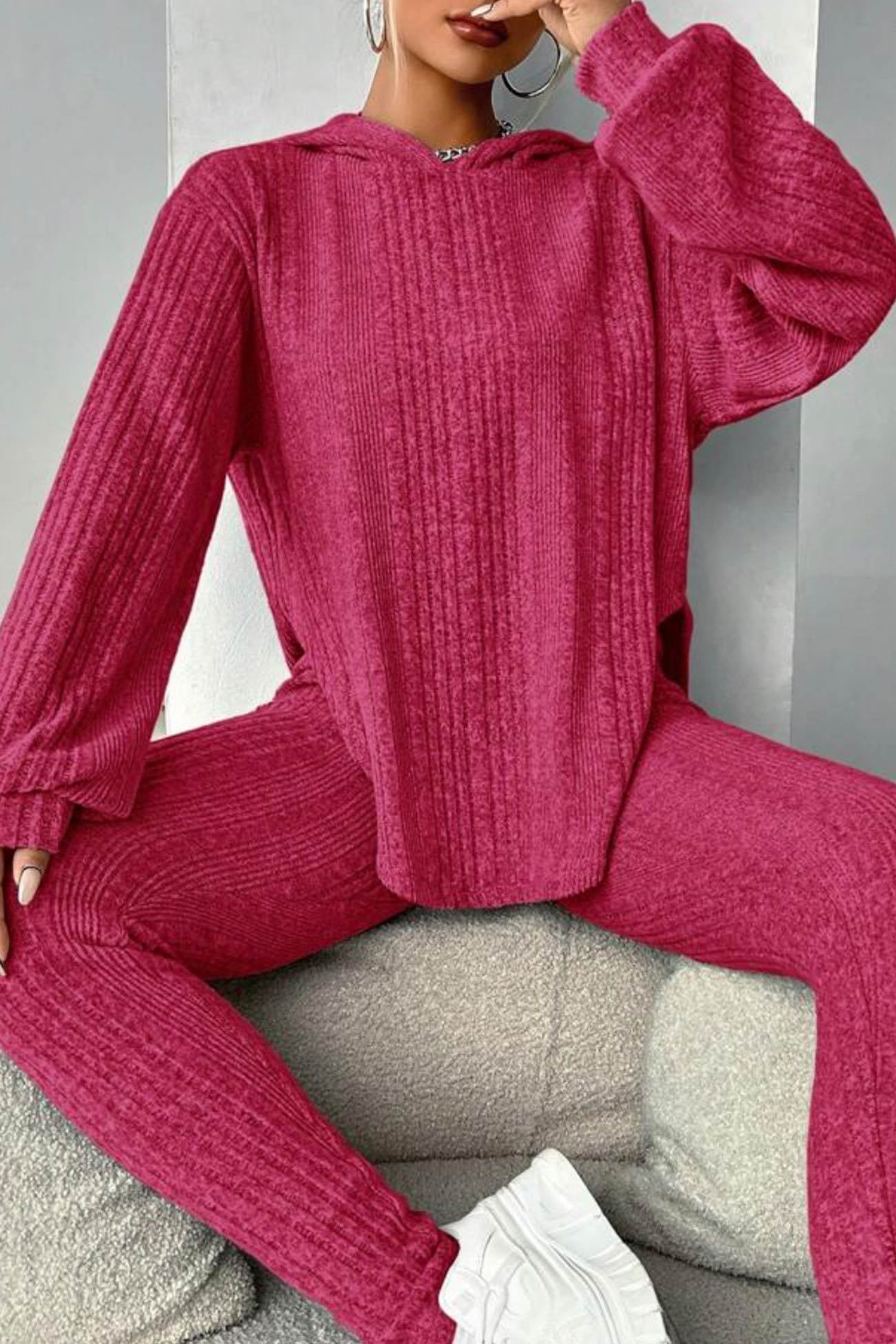 Ribbed Slit Curved Hem Hoodie Legging Set