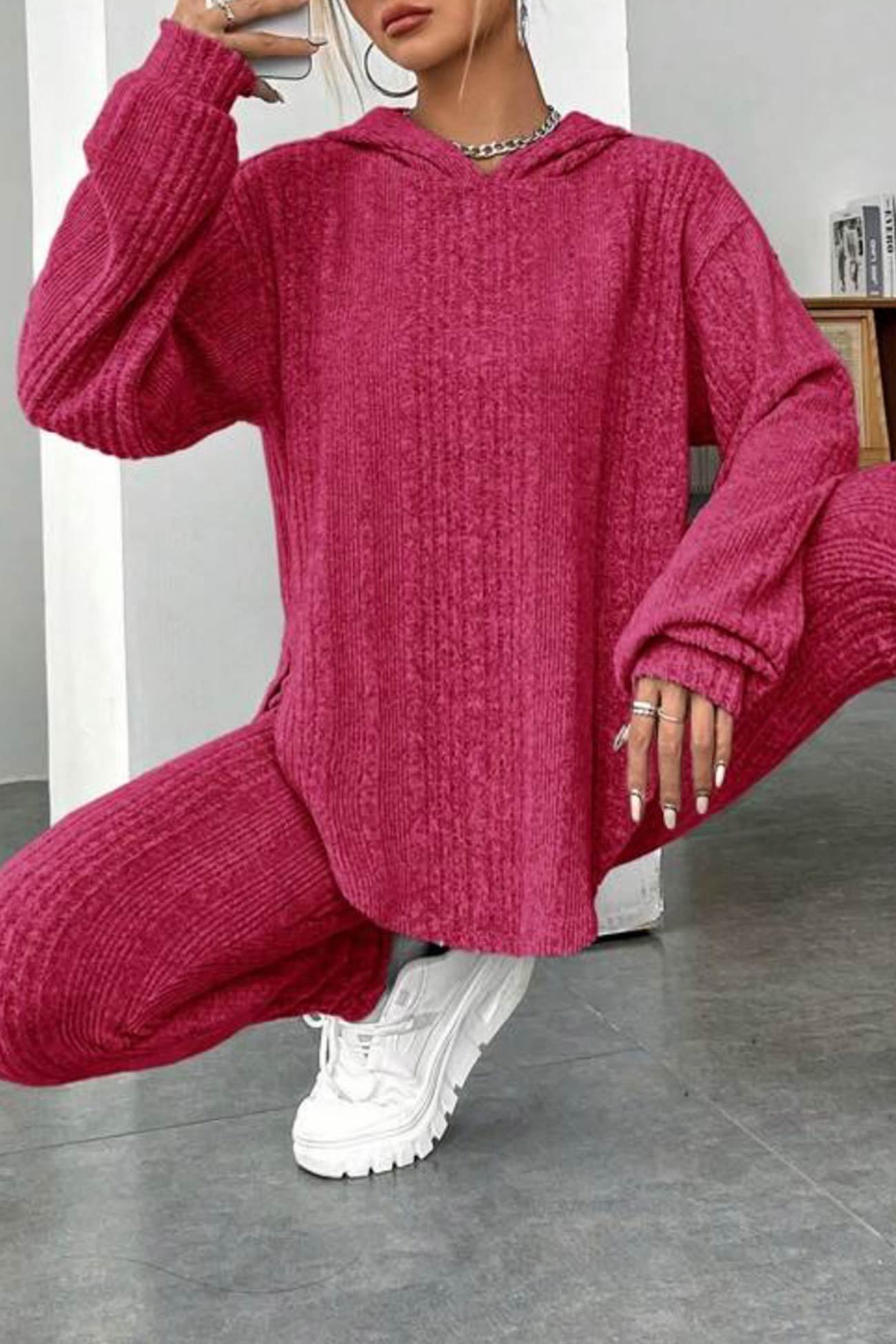 Ribbed Slit Curved Hem Hoodie Legging Set