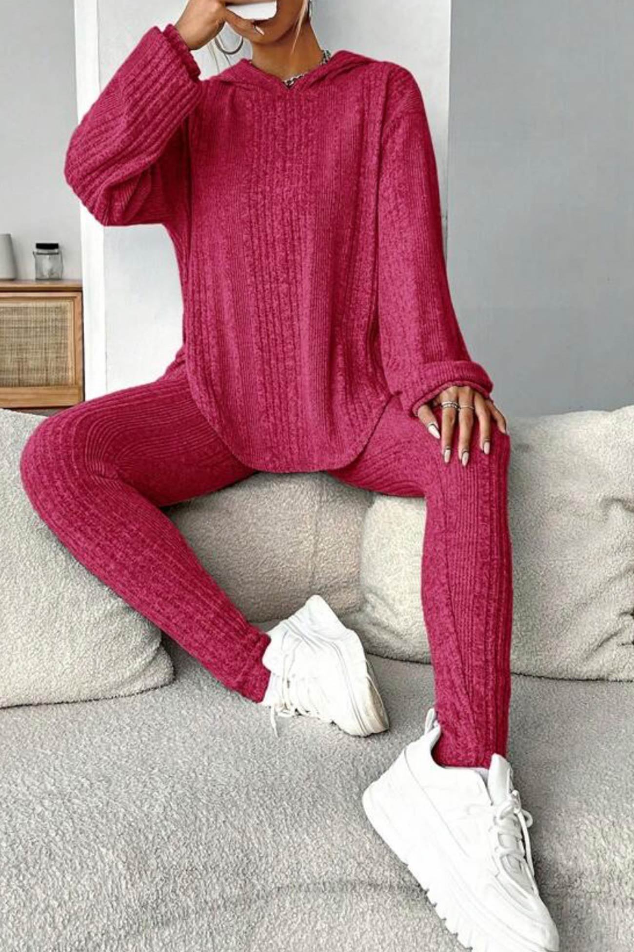 Ribbed Slit Curved Hem Hoodie Legging Set