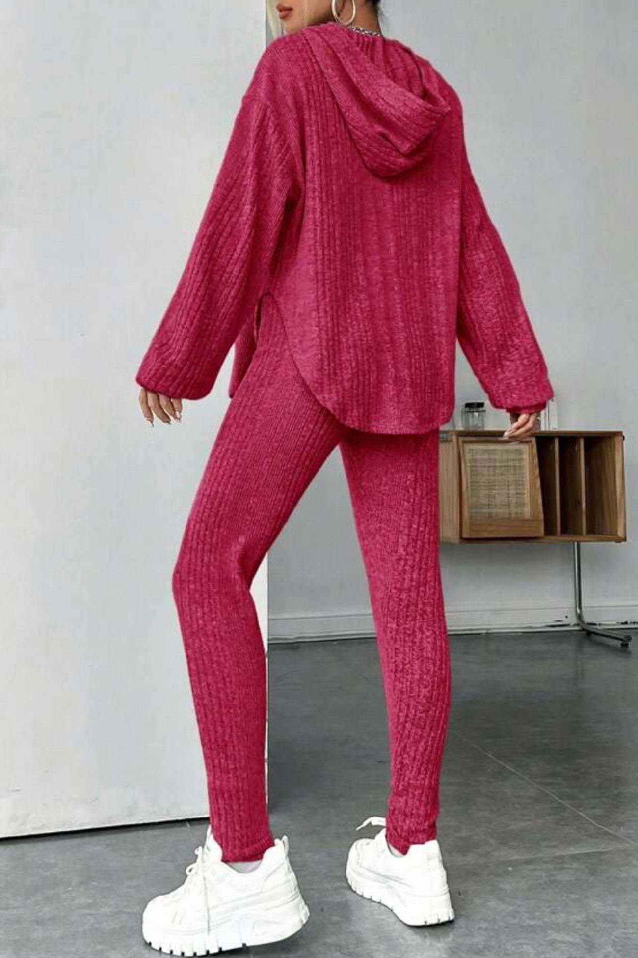 Ribbed Slit Curved Hem Hoodie Legging Set
