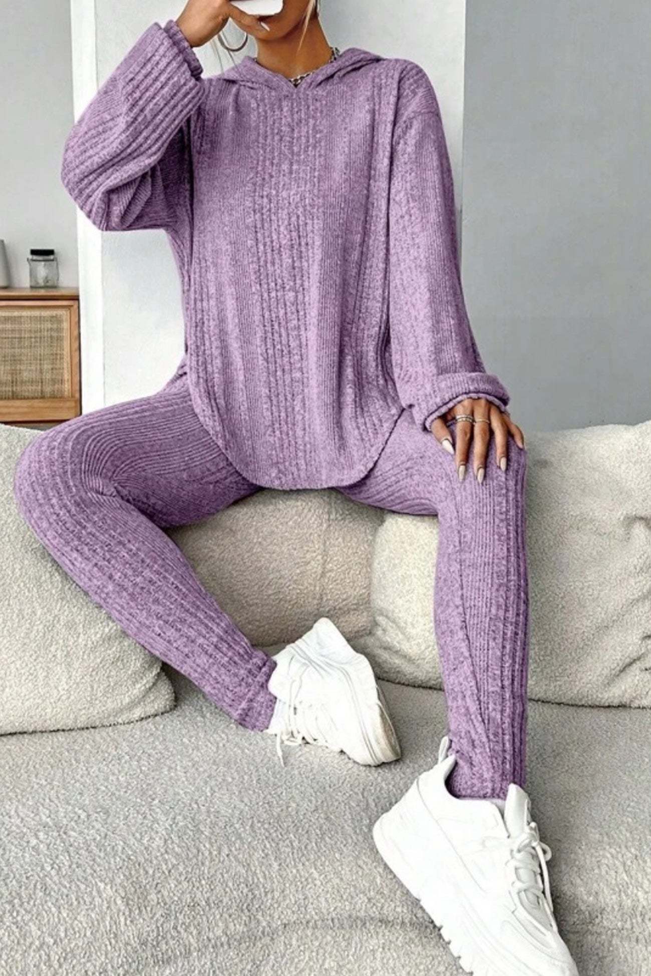 Ribbed Slit Curved Hem Hoodie Legging Set