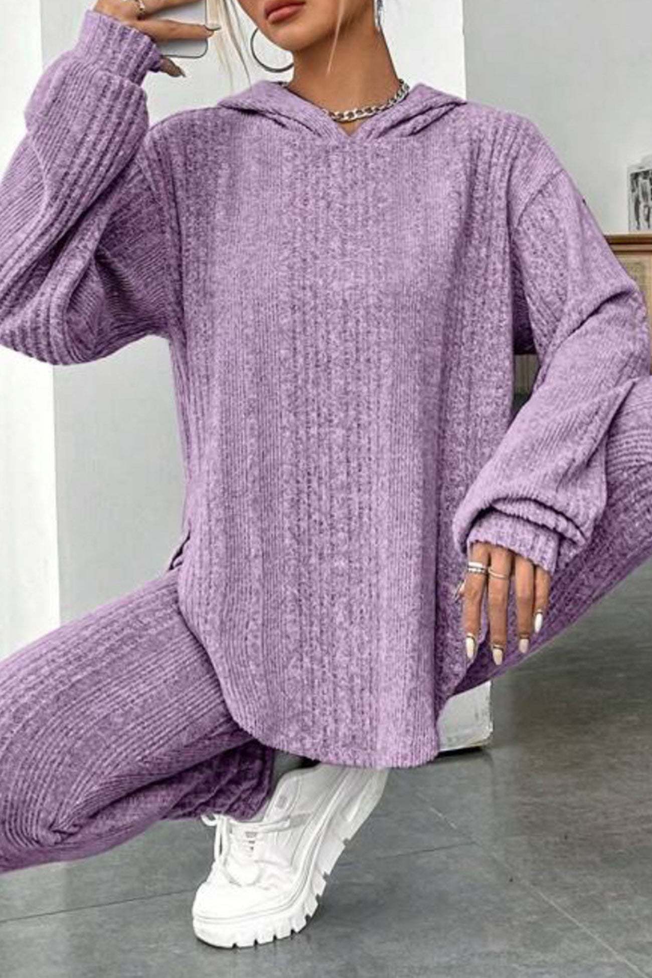 Ribbed Slit Curved Hem Hoodie Legging Set