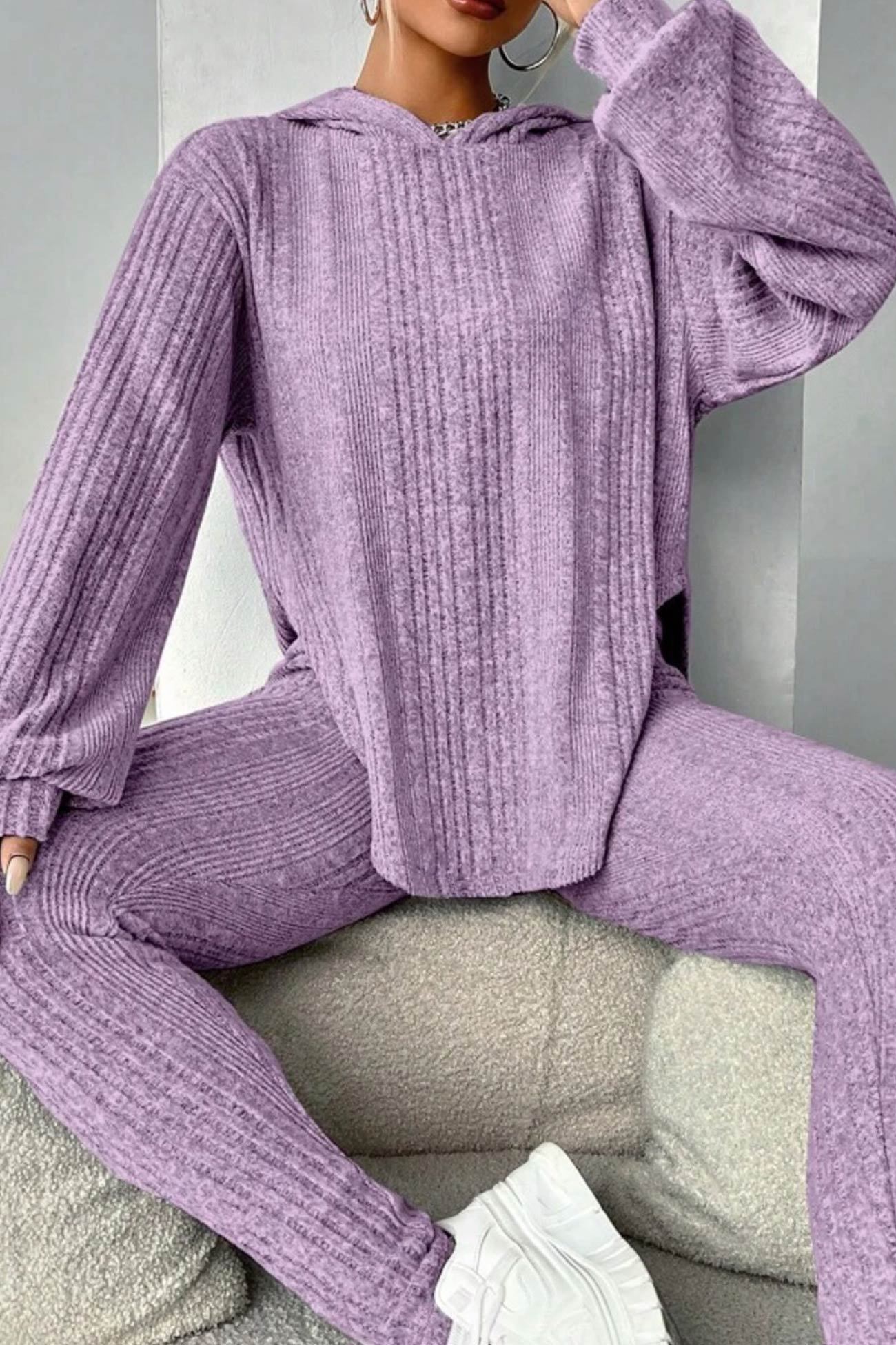 Ribbed Slit Curved Hem Hoodie Legging Set