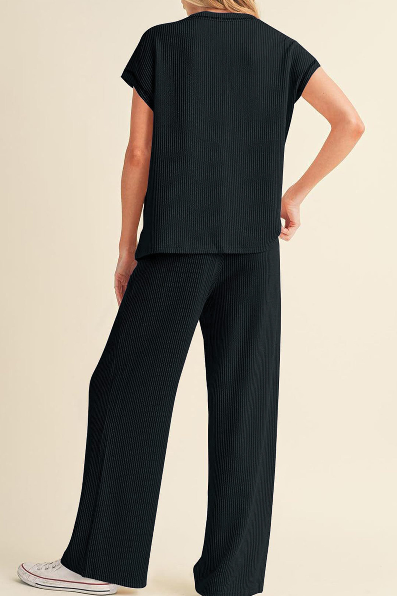 Ribbed T-shirt Wide Leg Long Pants Set