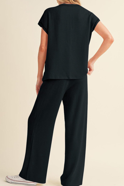 Ribbed T-shirt Wide Leg Long Pants Set