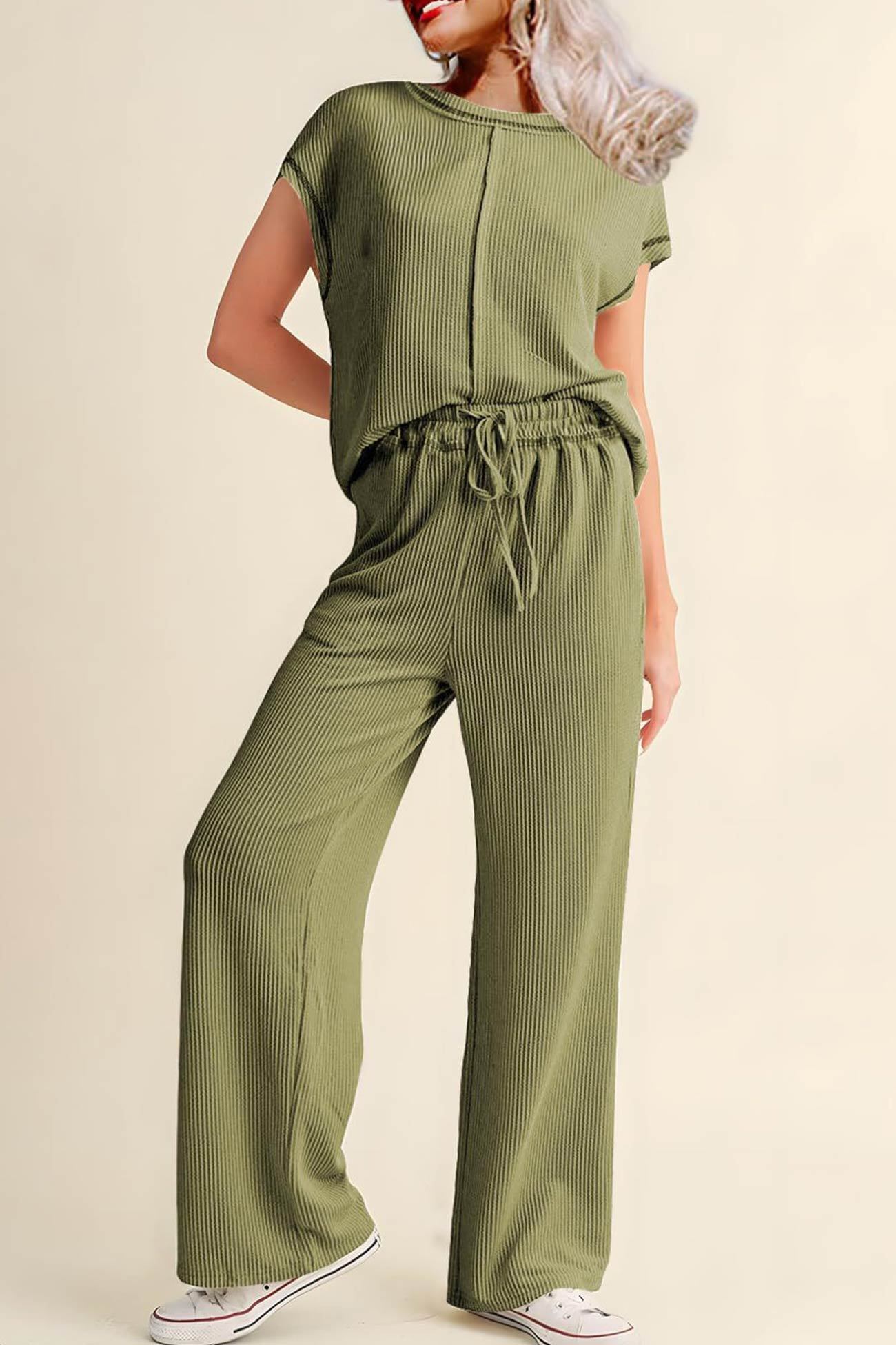 Ribbed T-shirt Wide Leg Long Pants Set
