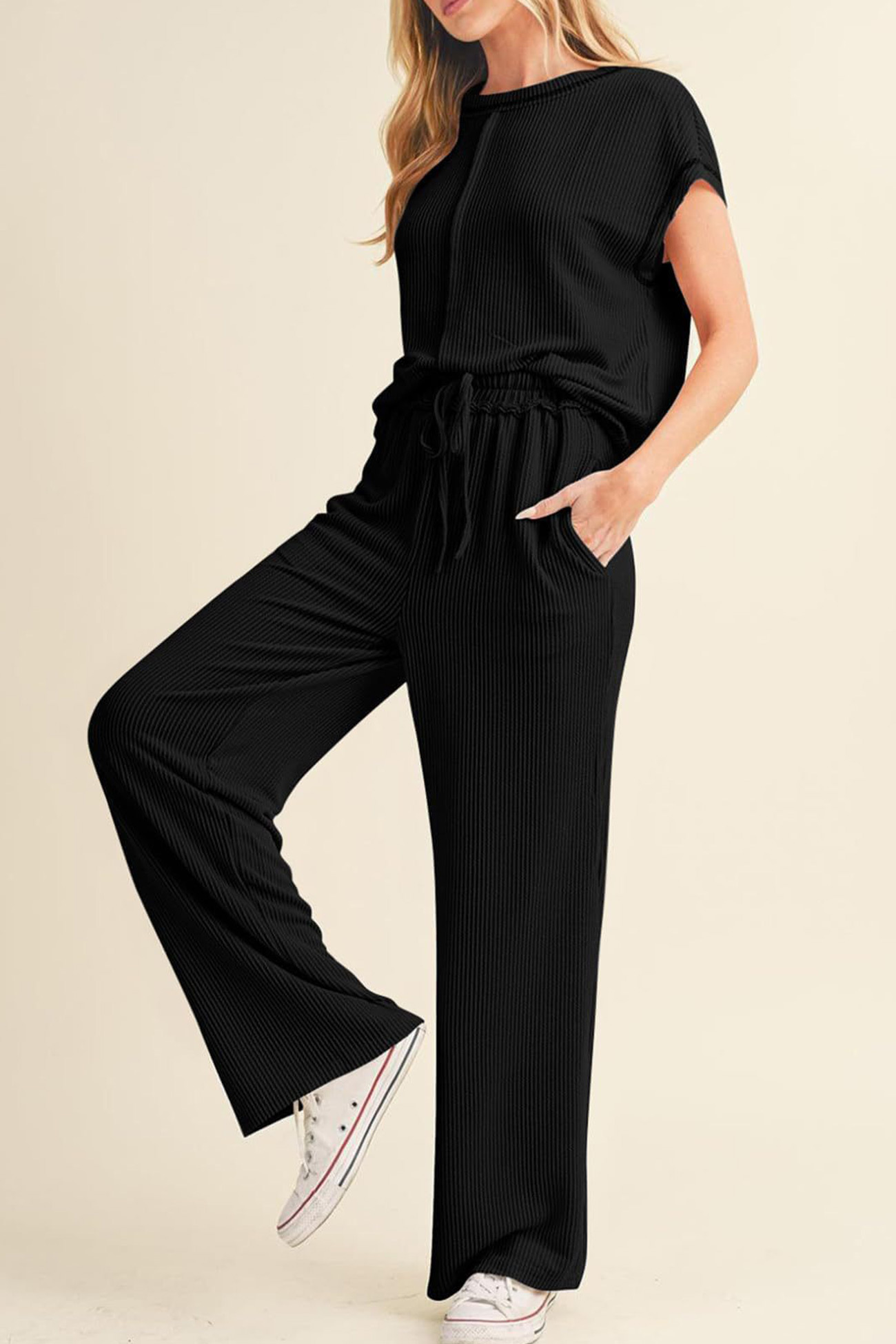 Ribbed T-shirt Wide Leg Long Pants Set